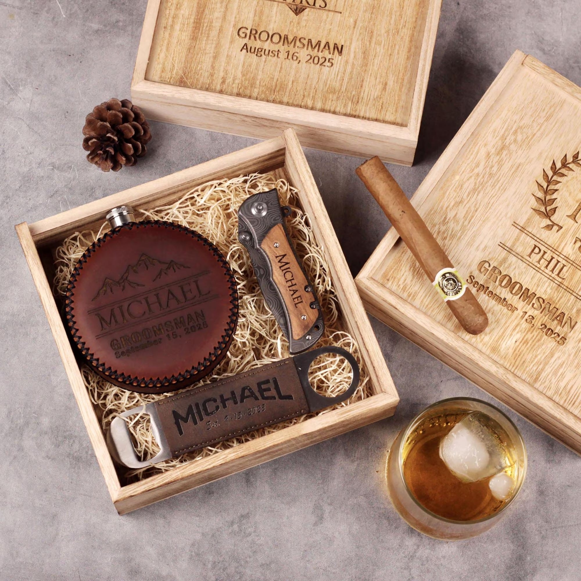 Personalized Groomsmen Gift Box Set: Leather Wrap Flask + Classic pocket knife + Leather Bottle Opener - proposal box set custom engraved