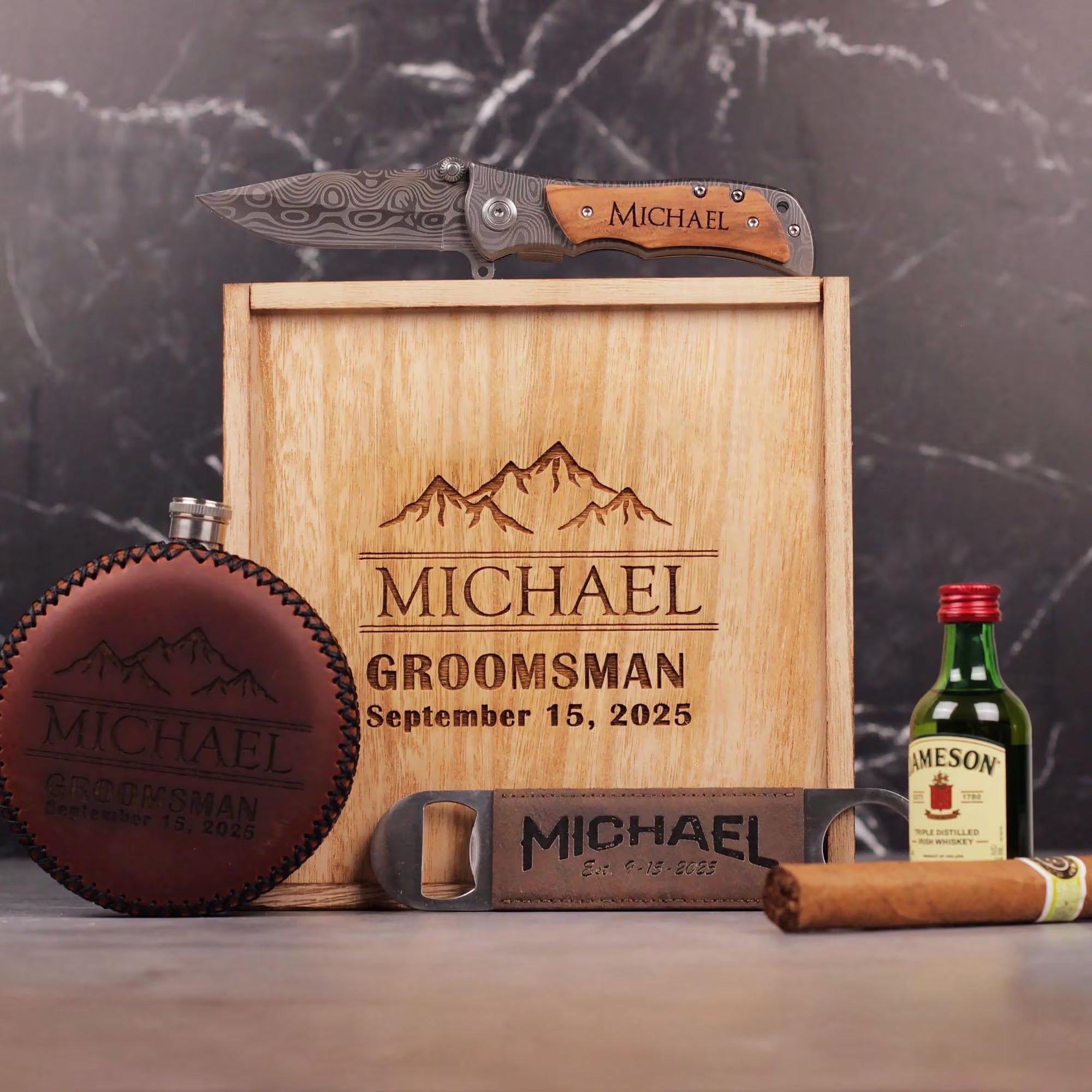 Personalized Groomsmen Gift Box Set: Leather Wrap Flask + Classic pocket knife + Leather Bottle Opener - proposal box set custom engraved