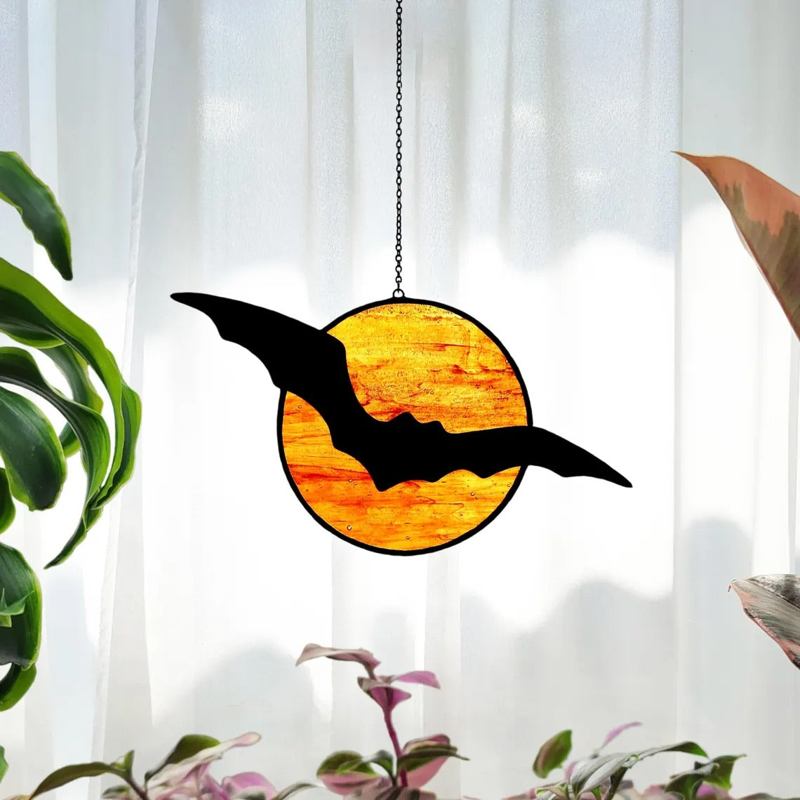Stained Glass Bat and Moon Suncatcher. Perfect Halloween Decor for Spooky Season. Add Gothic Charm to Your Home or Garden Display.
