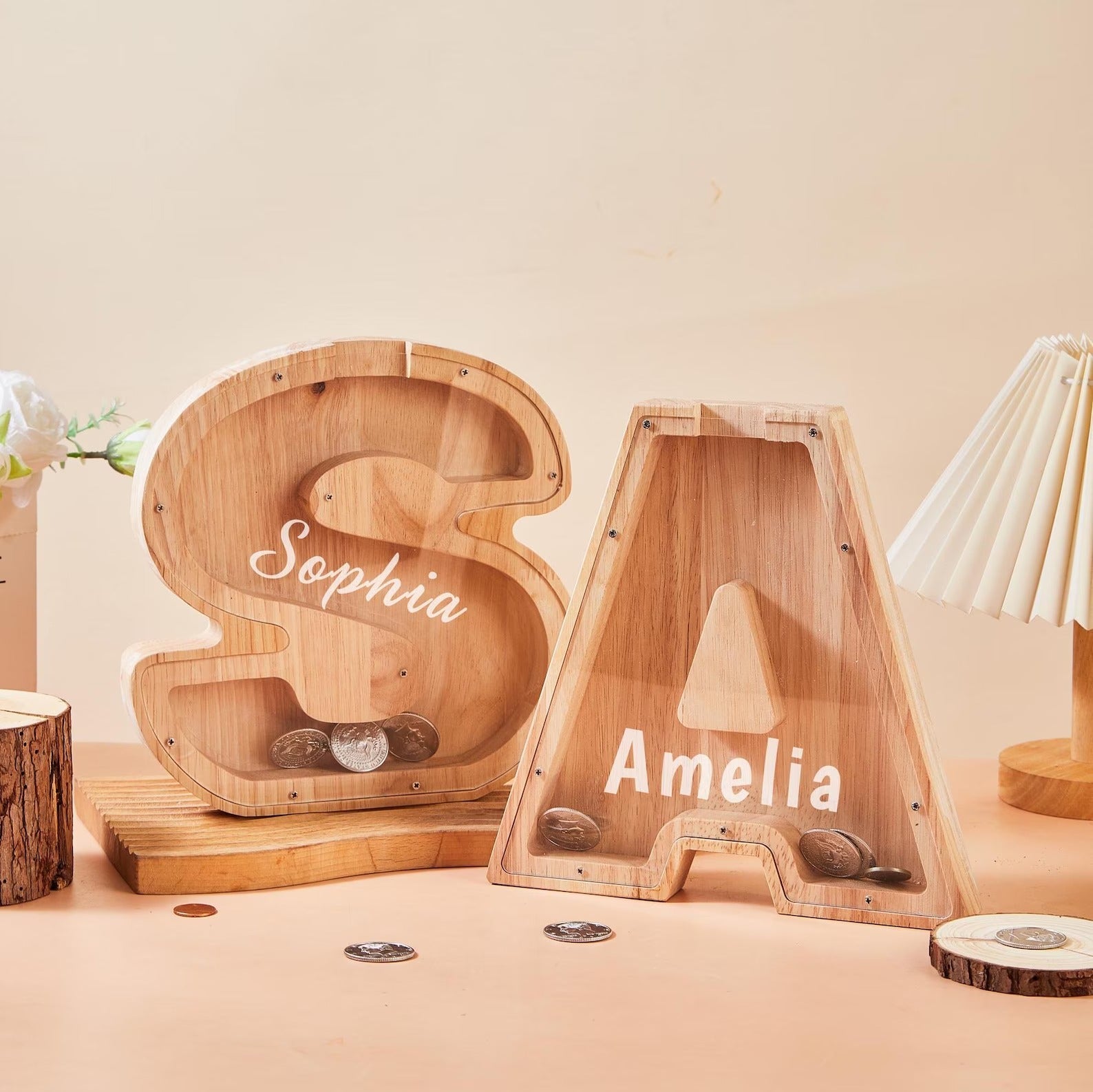 Personalized Large Wooden Kids Letter Piggy Bank, Wood Gift For Kids, Custom Name Coin Bank, Wood Alphabet Letter Bank Money Box Birthday