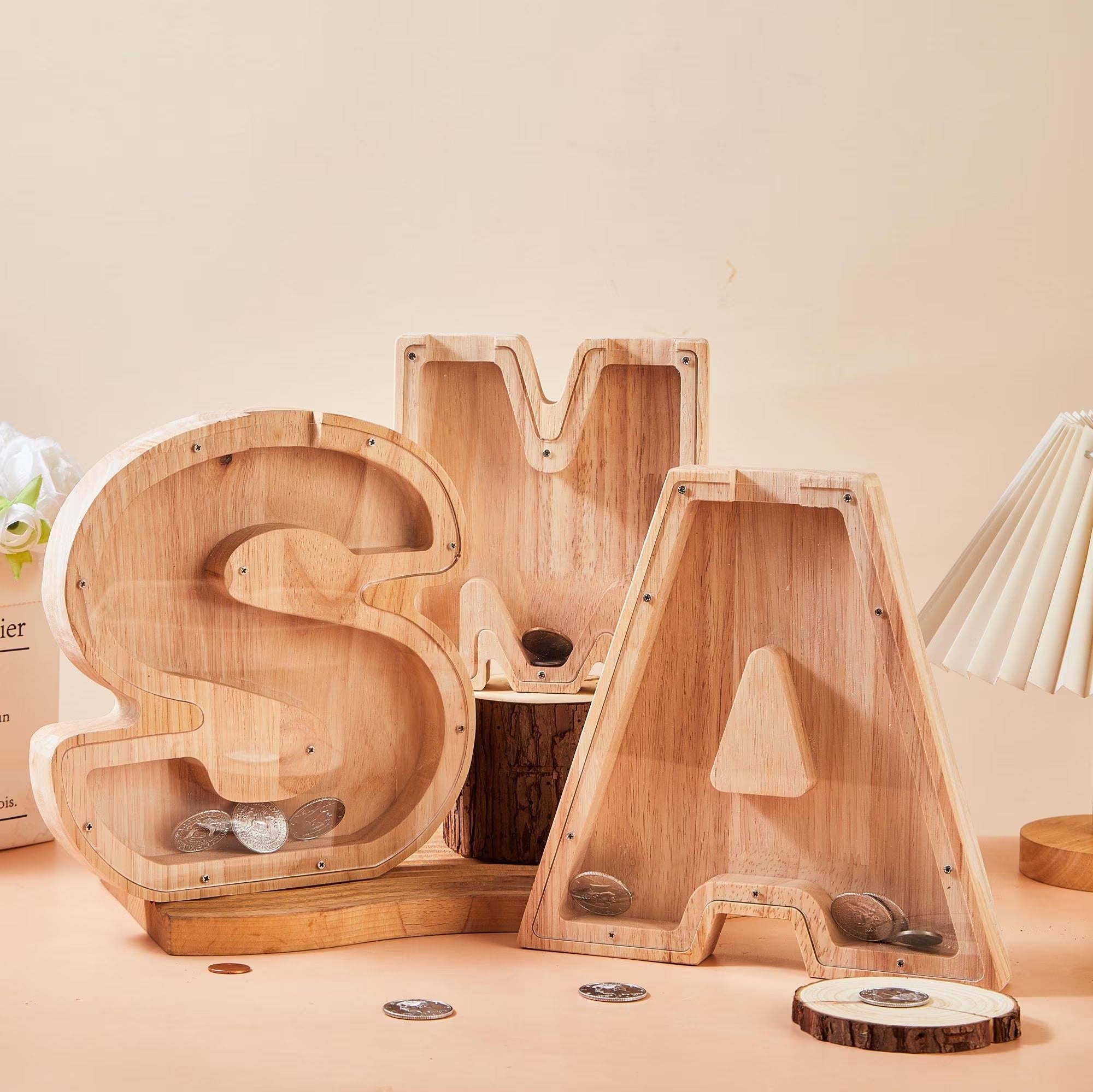 Personalized Large Wooden Kids Letter Piggy Bank, Wood Gift For Kids, Custom Name Coin Bank, Wood Alphabet Letter Bank Money Box Birthday