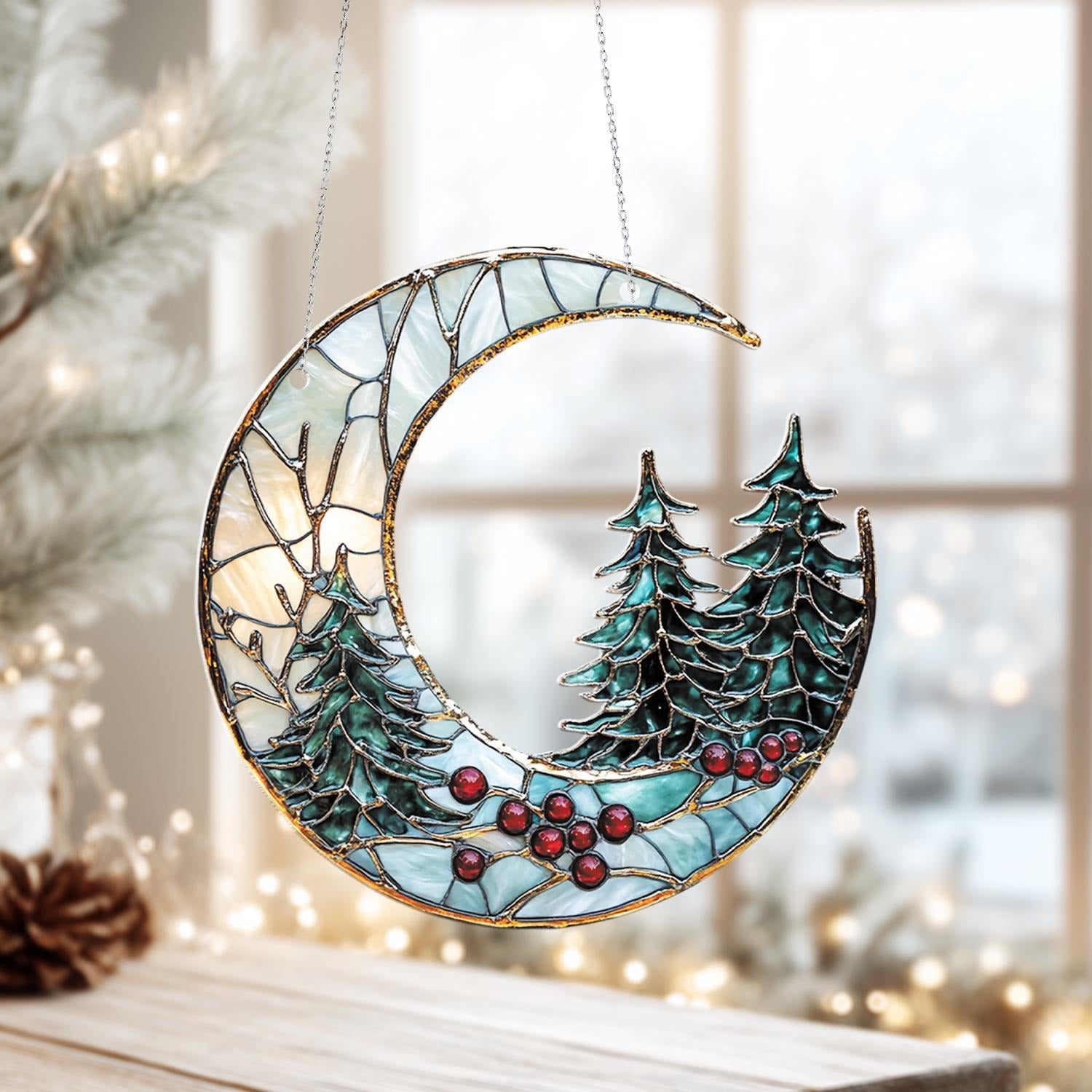 Window Haning Moon and Pine Trees Ornament - Handmade Holiday Decor, Unique Christmas Gift, Winter Glass Art for Home and Seasonal Display