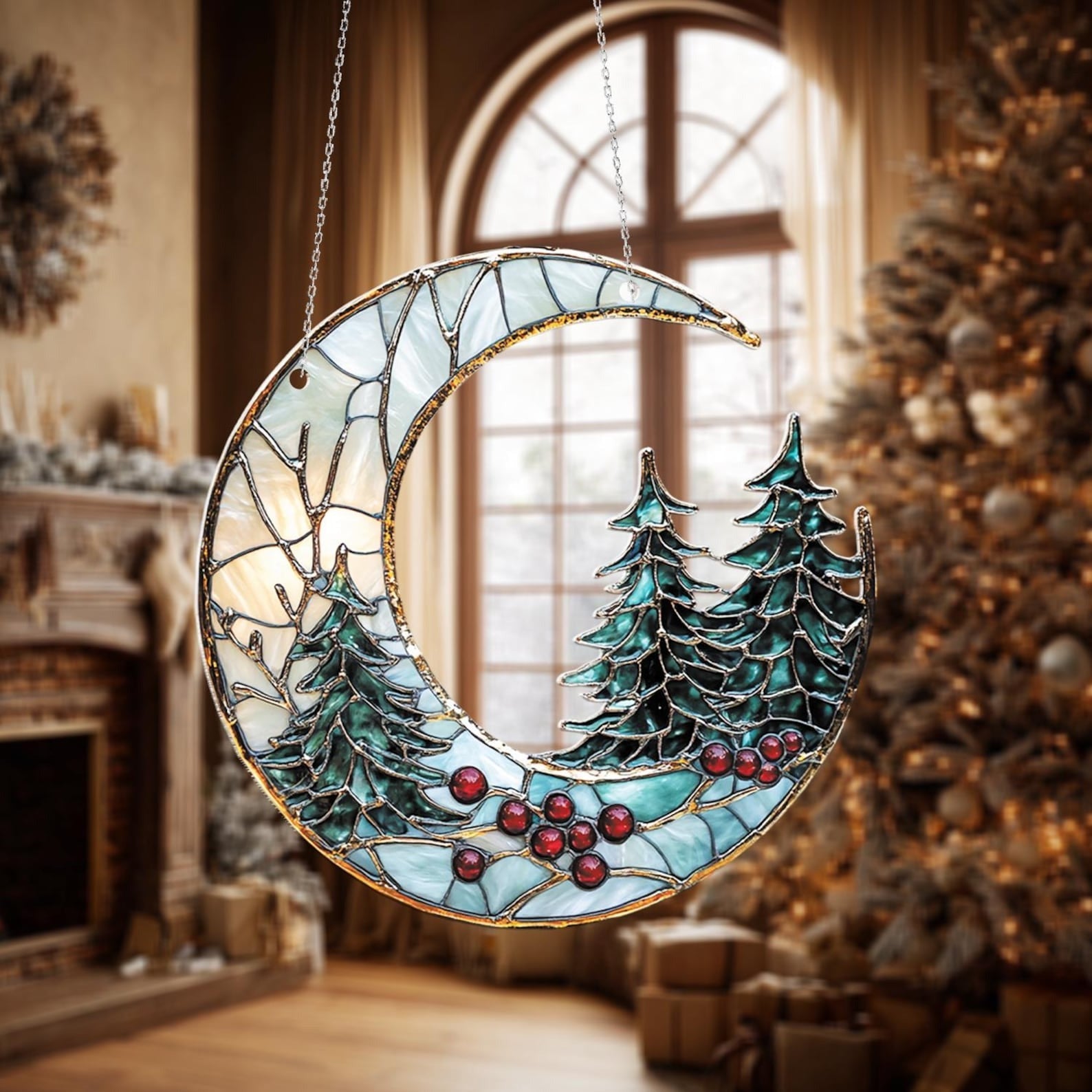 Window Haning Moon and Pine Trees Ornament - Handmade Holiday Decor, Unique Christmas Gift, Winter Glass Art for Home and Seasonal Display