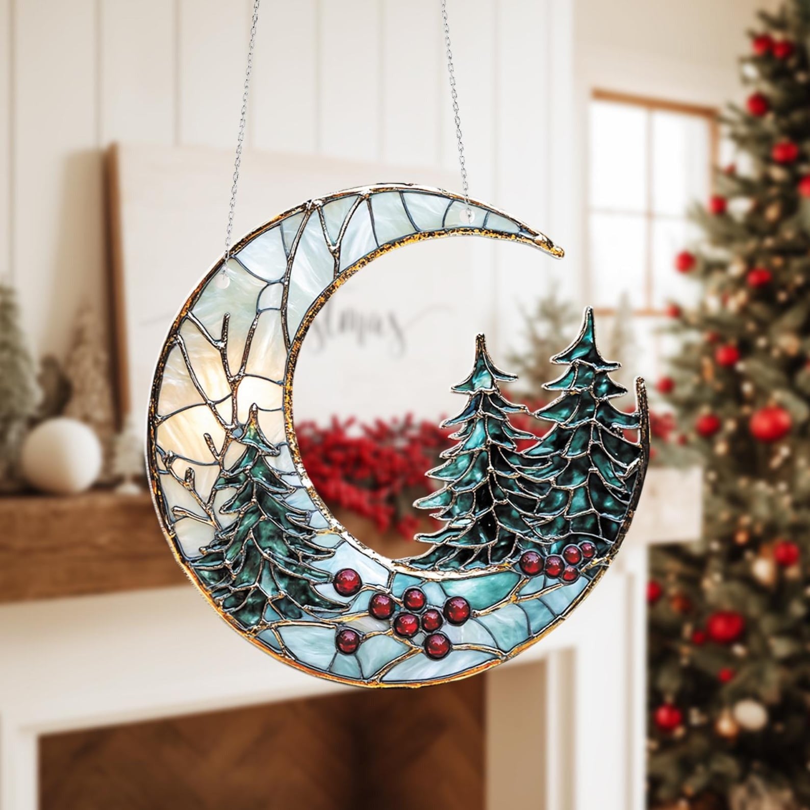 Window Haning Moon and Pine Trees Ornament - Handmade Holiday Decor, Unique Christmas Gift, Winter Glass Art for Home and Seasonal Display