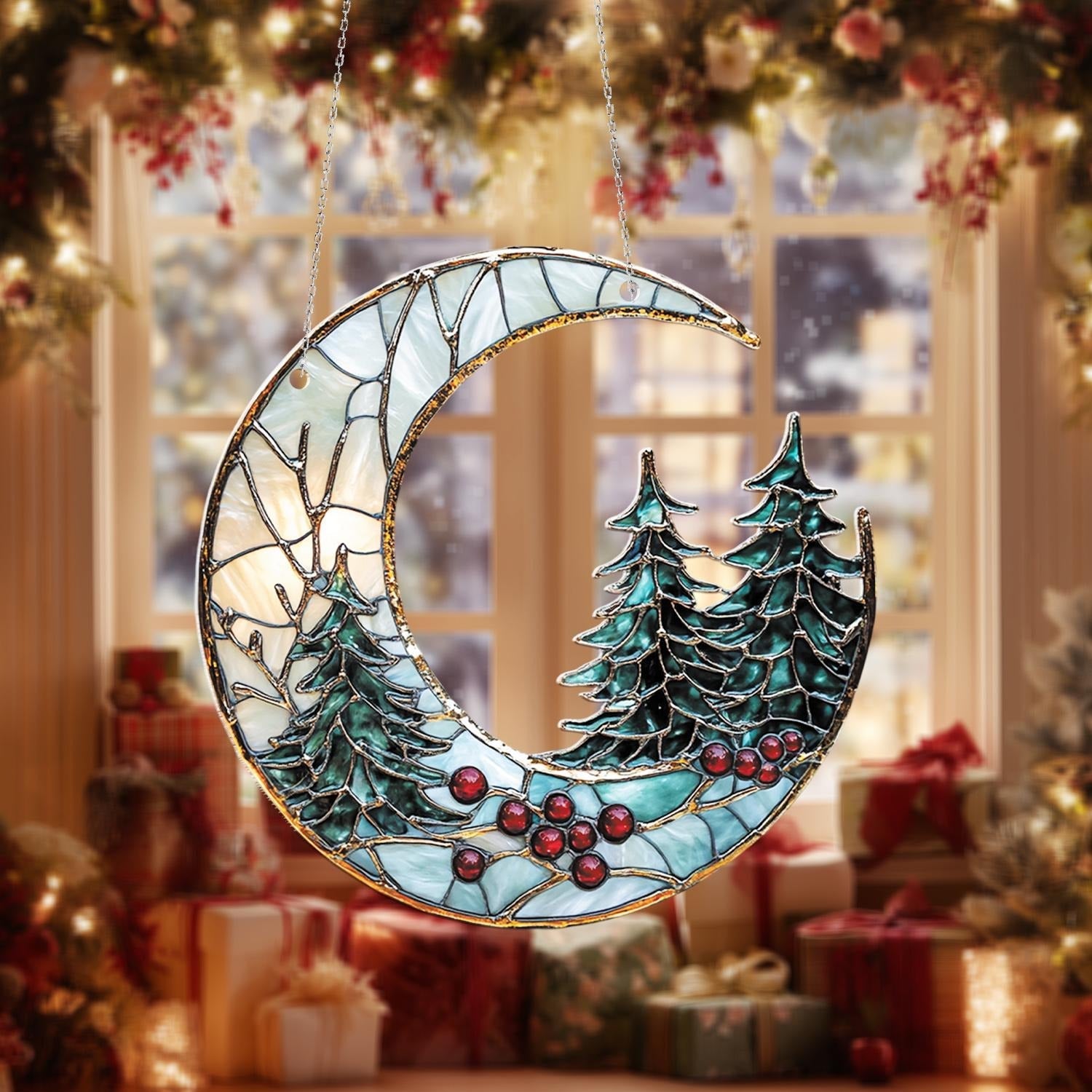 Window Haning Moon and Pine Trees Ornament - Handmade Holiday Decor, Unique Christmas Gift, Winter Glass Art for Home and Seasonal Display