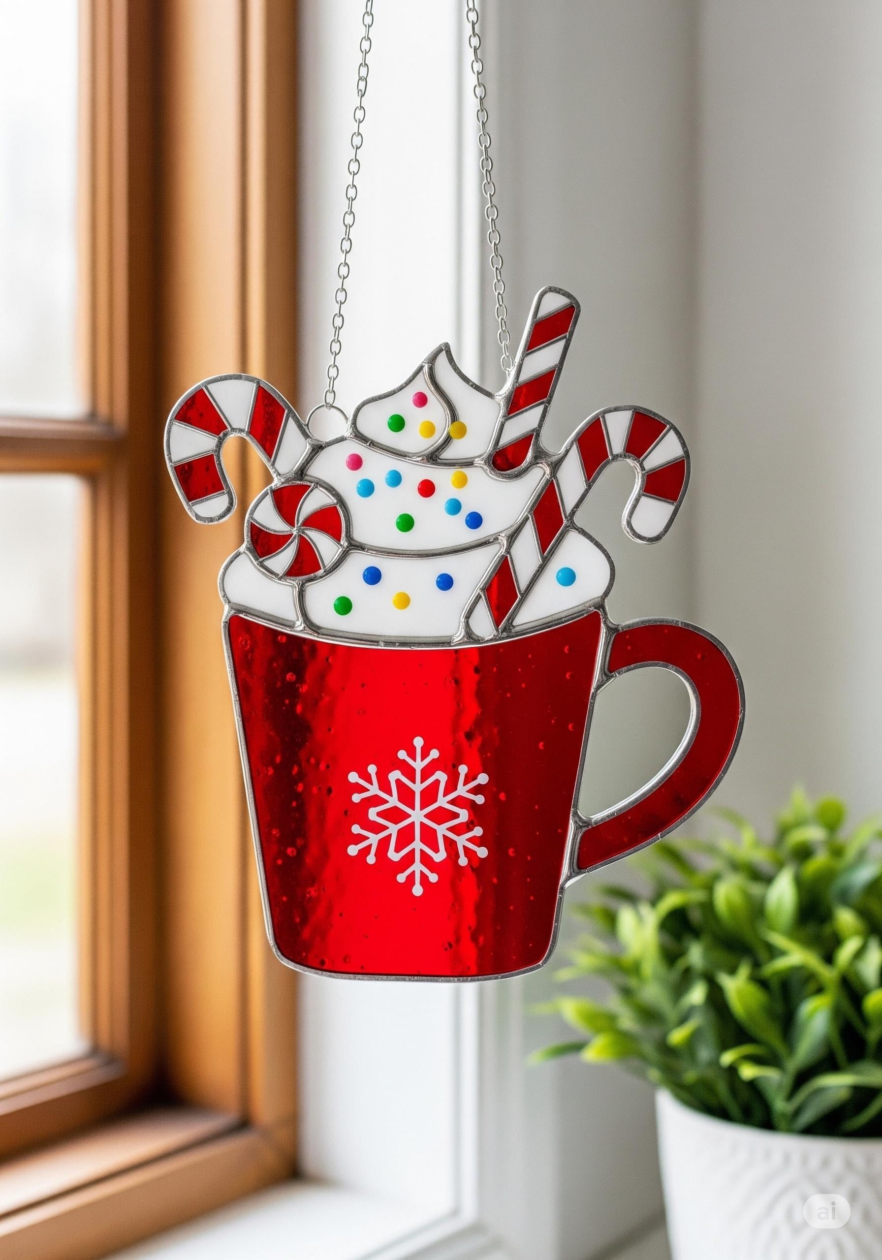 Christmas Hot Cocoa Stained Glass Ornament, Red Mug With Candy Canes And Whipped Cream PDF Pattern, Holiday Decor
