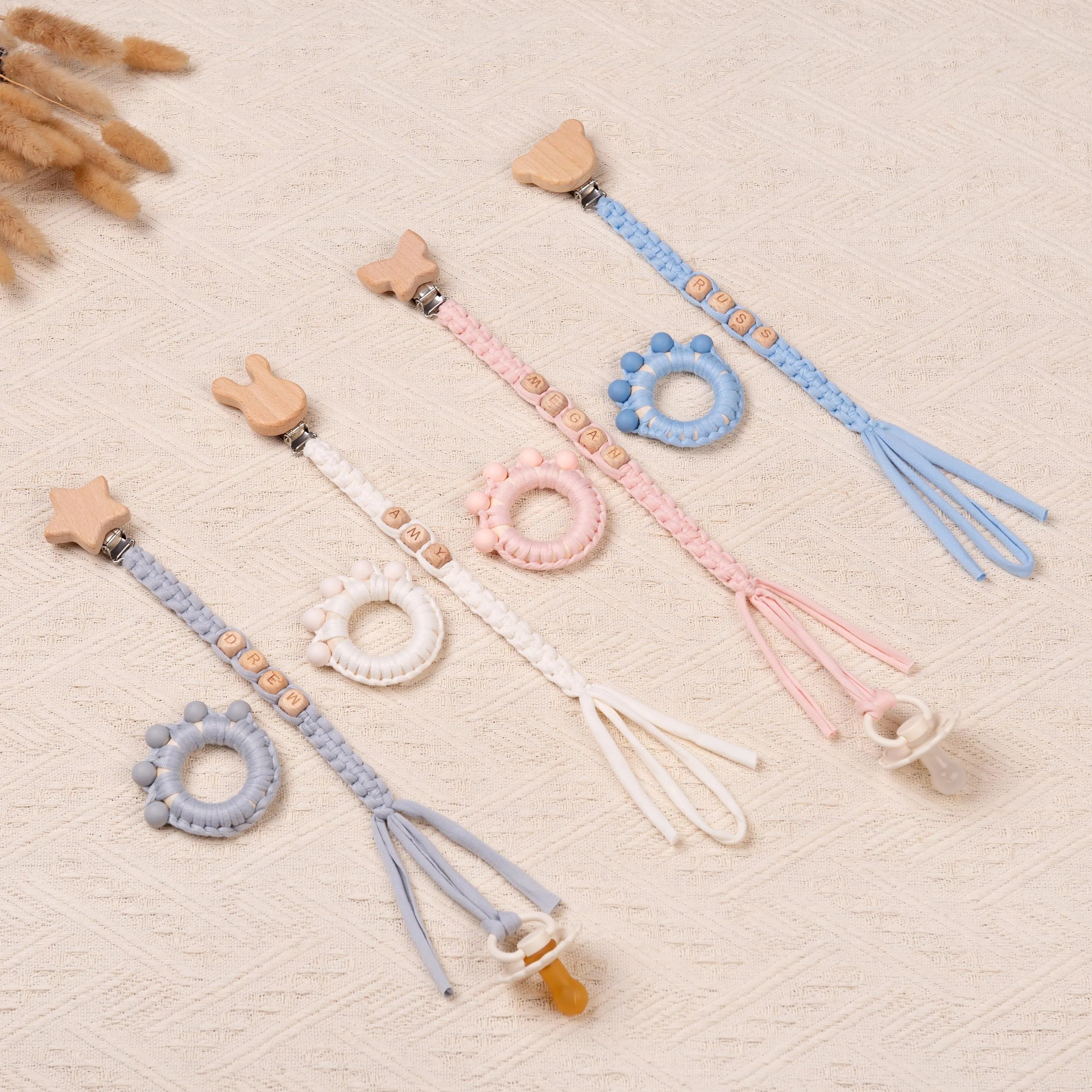 Personalized Braided Pacifier Clips and Rattles for Baby Boy and Girl, Baby Shower Gifts, New Baby Gift, Unique Baby Gift Set, Newborn Gifts