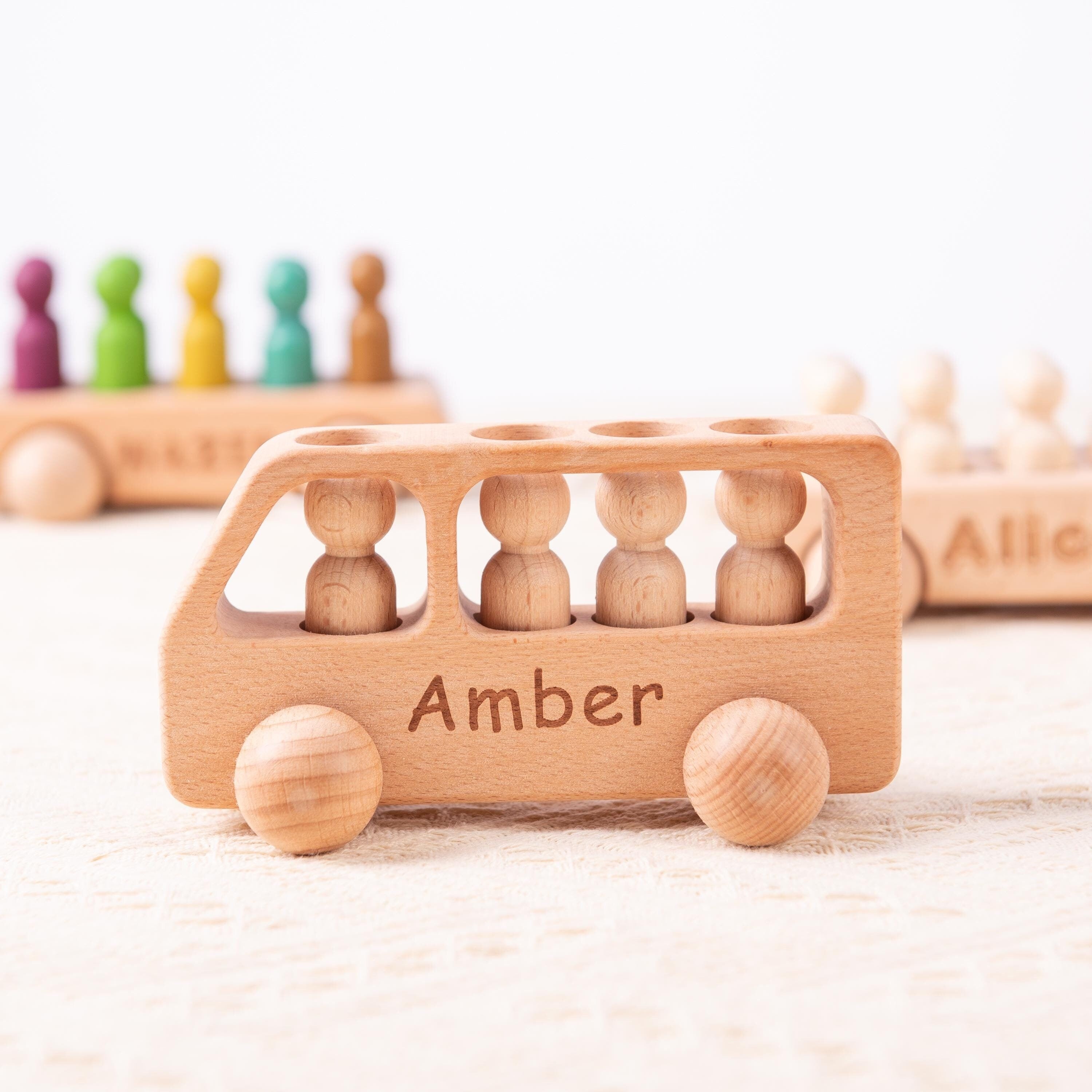 Personalized Birthday Gift for Kids, Custom Wooden Toys for Baby Boys, Wooden Bus with Peg Dolls, Baby Shower Gift, Christmas Gifts for Kids
