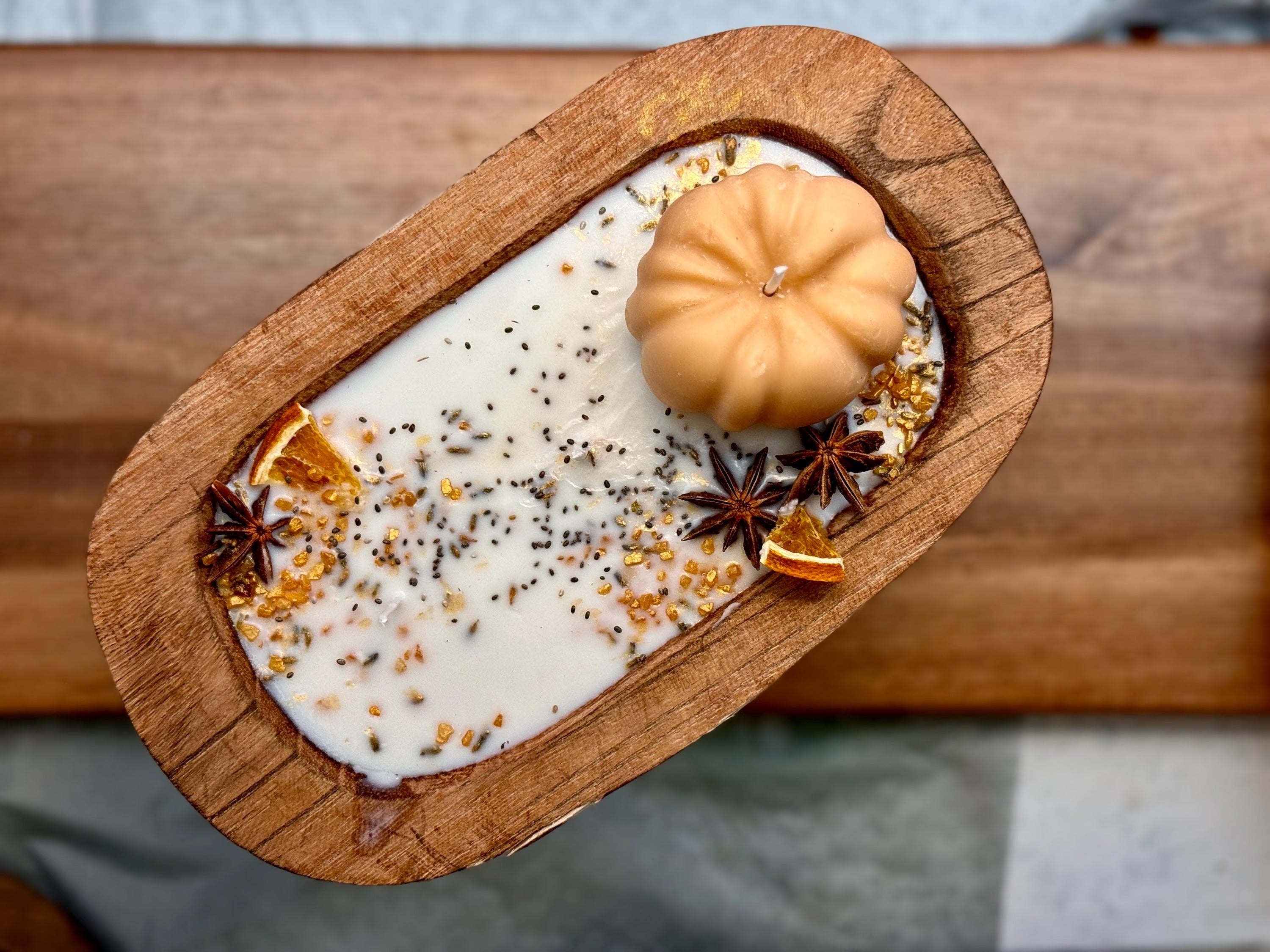 Wooden dough bowl Thanksgiving Candles