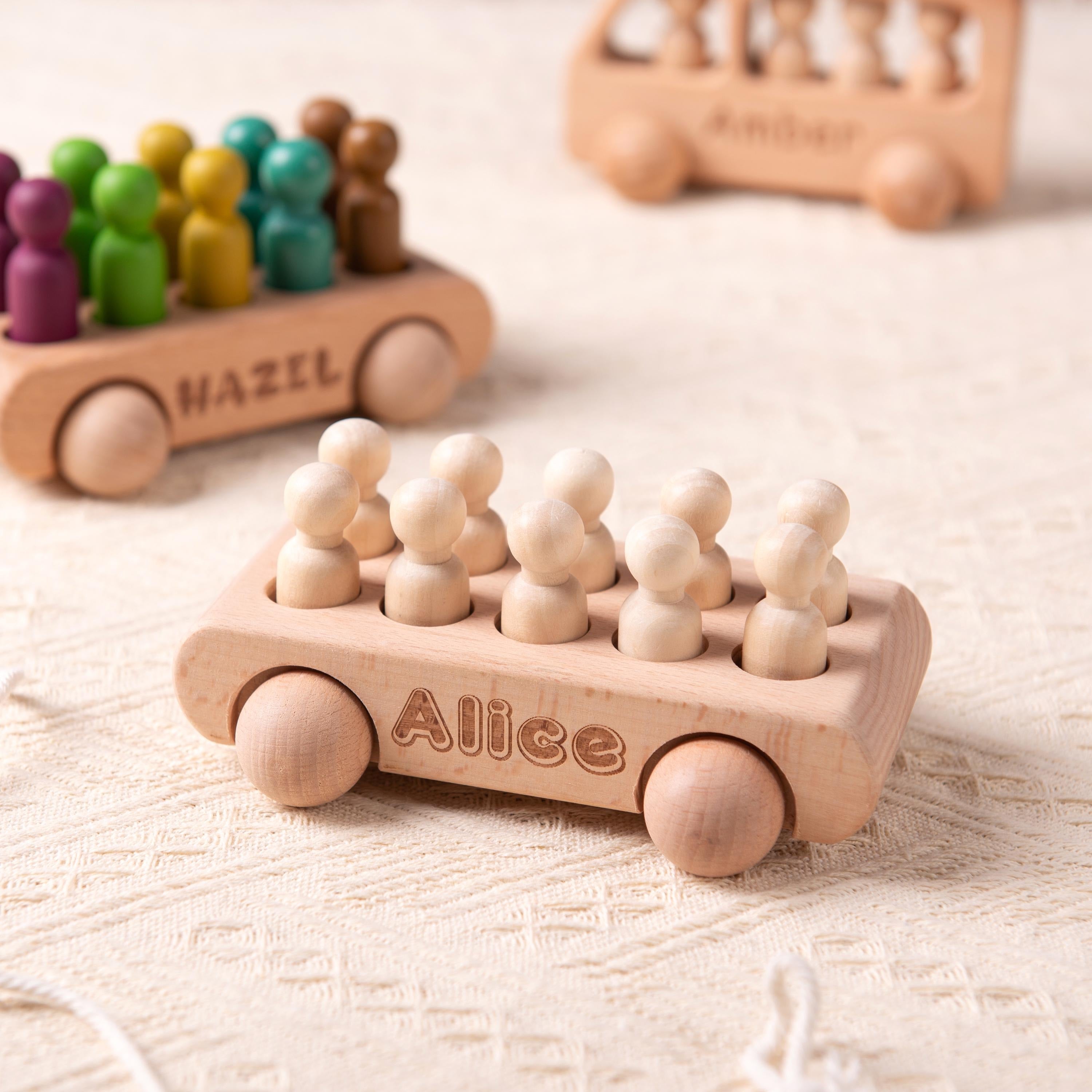 Personalized Birthday Gift for Kids, Custom Wooden Toys for Baby Boys, Wooden Bus with Peg Dolls, Baby Shower Gift, Christmas Gifts for Kids