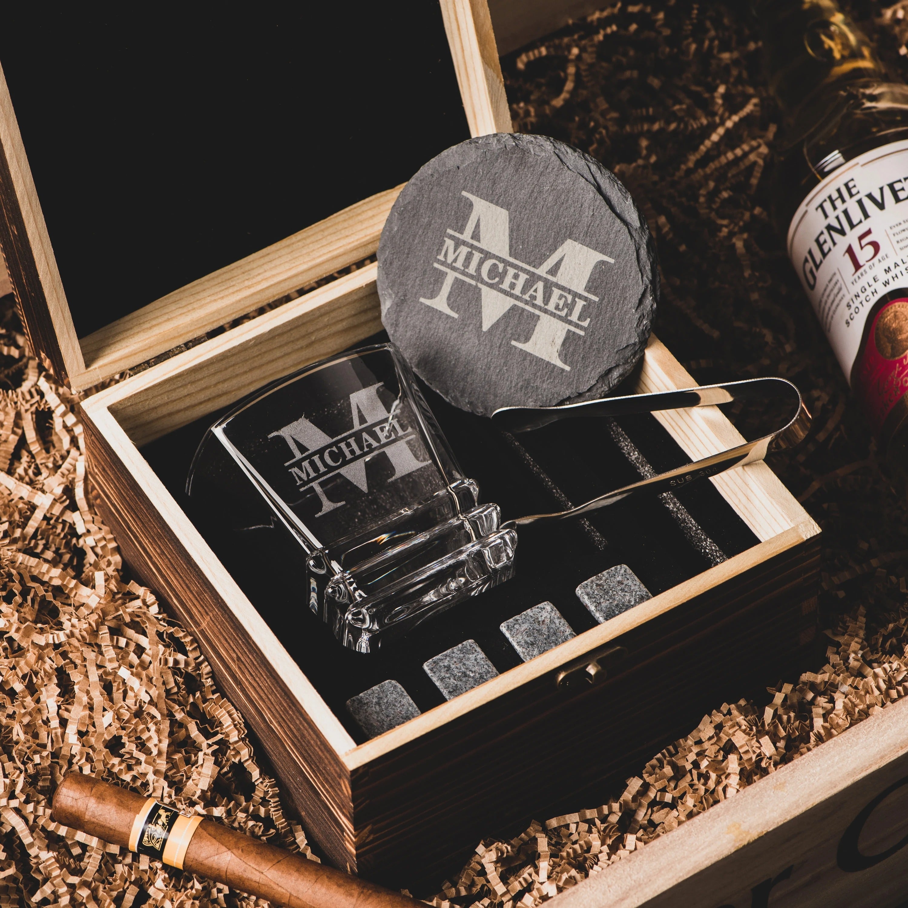 Personalized Whiskey Glasses in Wooden Box, Groomsmen Gifts, Best Man Gift, Father of The Groom Gift, Father of The Bride Gift, Husband Gift