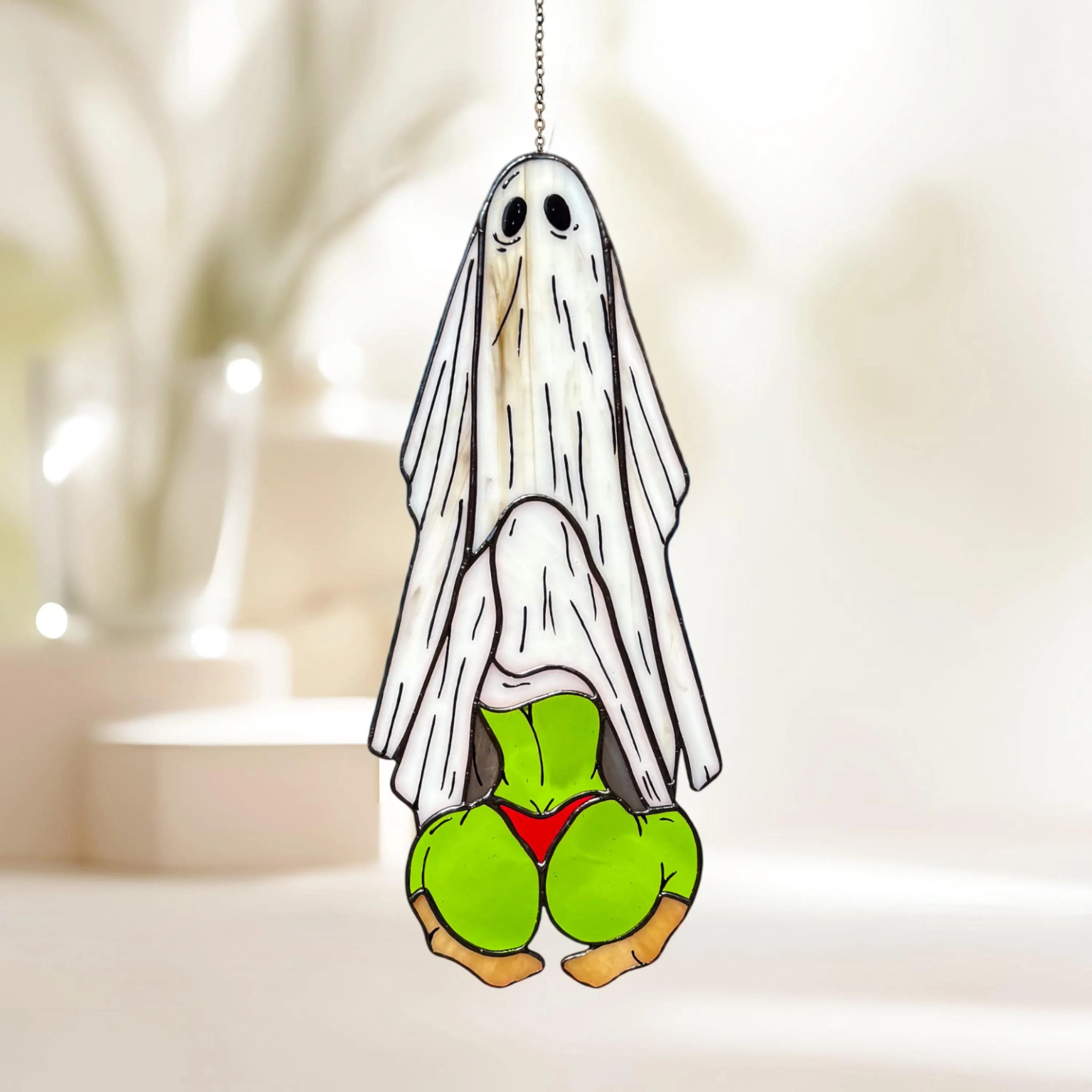 Funny Ghost Stained Glass. Handmade Halloween Decor for Spooky Season. Hilarious Ghost Suncatcher for Witchy Homes & Unusual Window Art Fans