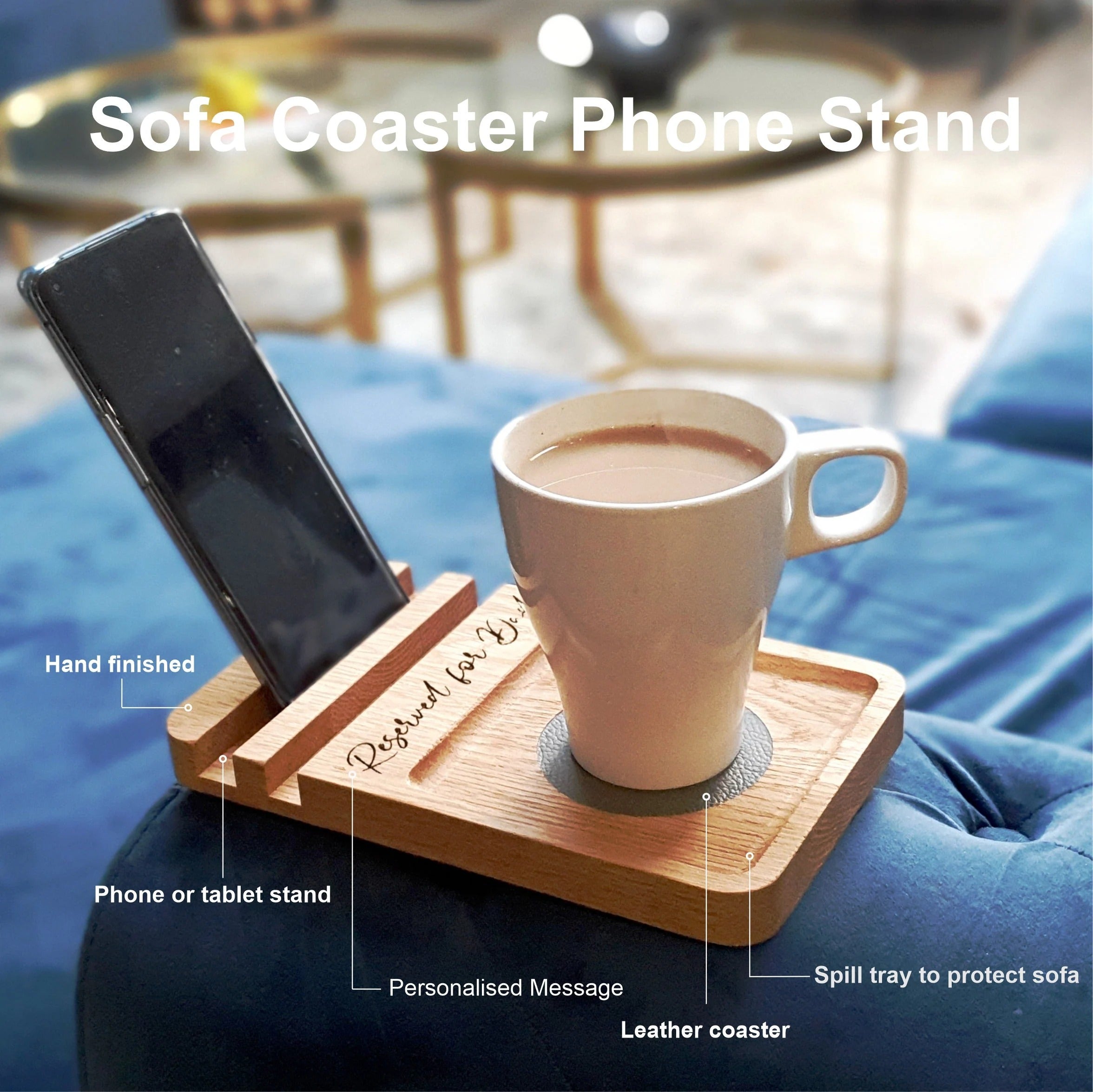 Sofa Coaster Tray and Phone Stand in Solid Oak