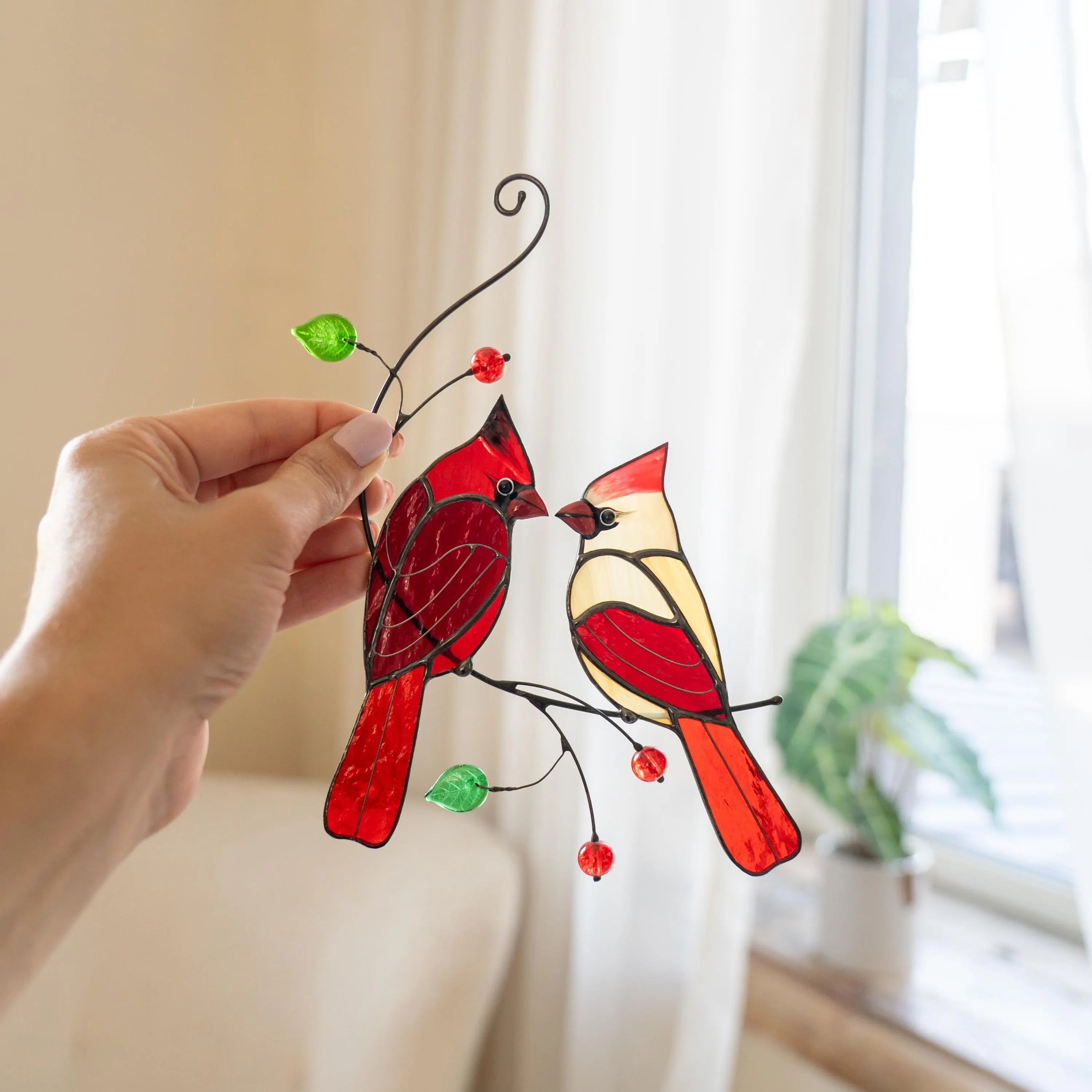 Stained glass cardinal ornament Handmade Christmas gifts Cardinal stained glass window hangings Bird lover gifts Stained glass art
