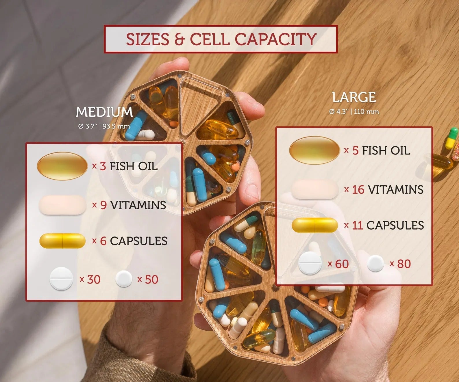 Wooden Pill Box 7-Day With Medication Log, Pill Organizer, Weekly Pill Case, Mini Trinket Box Gift For Grandma Or Grandpa
