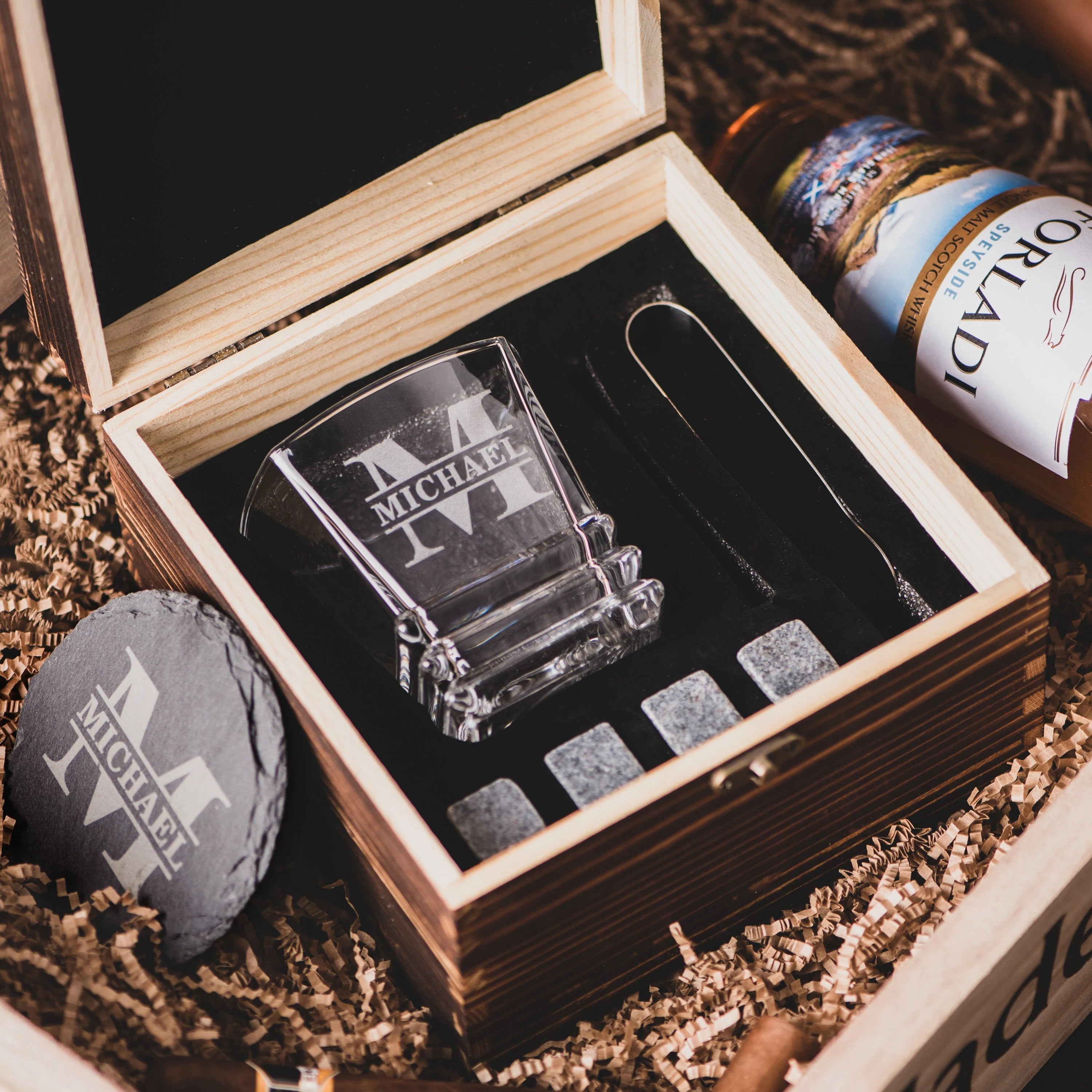 Personalized Whiskey Glasses in Wooden Box, Groomsmen Gifts, Best Man Gift, Father of The Groom Gift, Father of The Bride Gift, Husband Gift