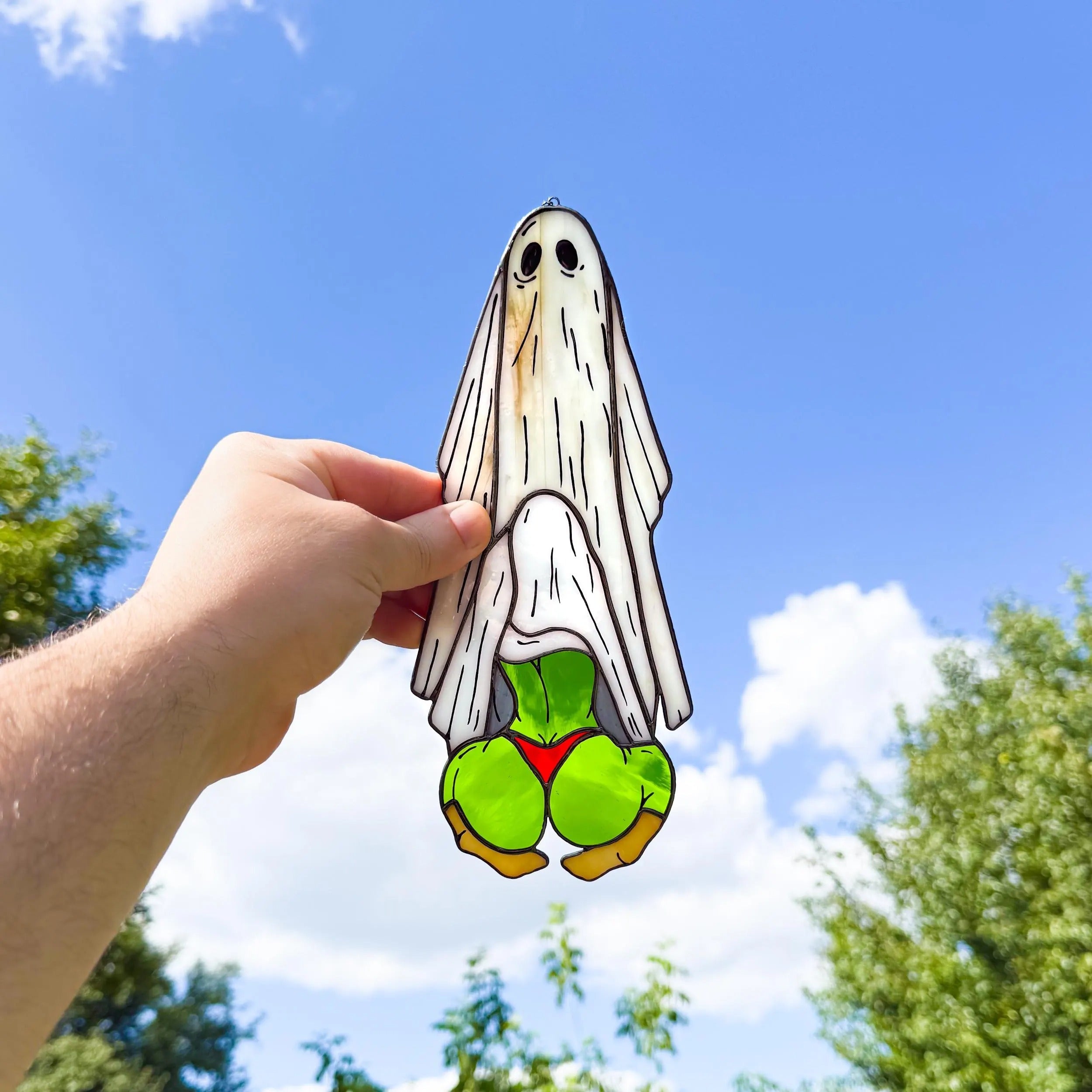 Funny Ghost Stained Glass. Handmade Halloween Decor for Spooky Season. Hilarious Ghost Suncatcher for Witchy Homes & Unusual Window Art Fans