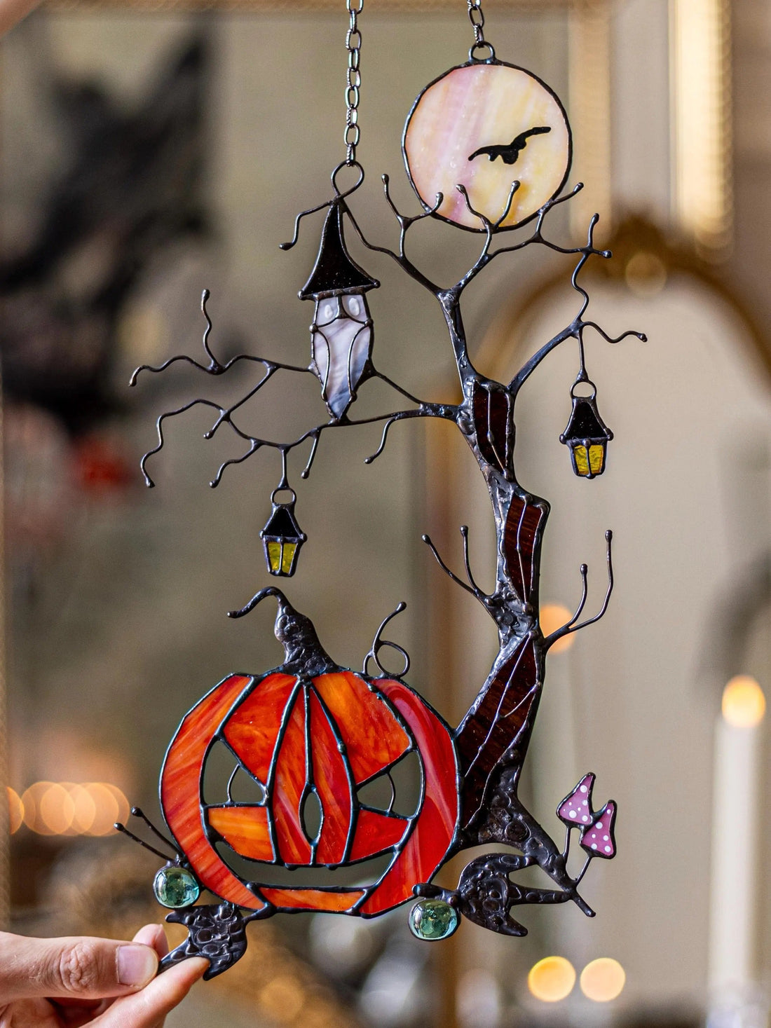 Pumpkin Mystical Tree Stained Glass Horror Picture Home Decor Halloween Spooky Owl Window Wall Hanging Witch gift.