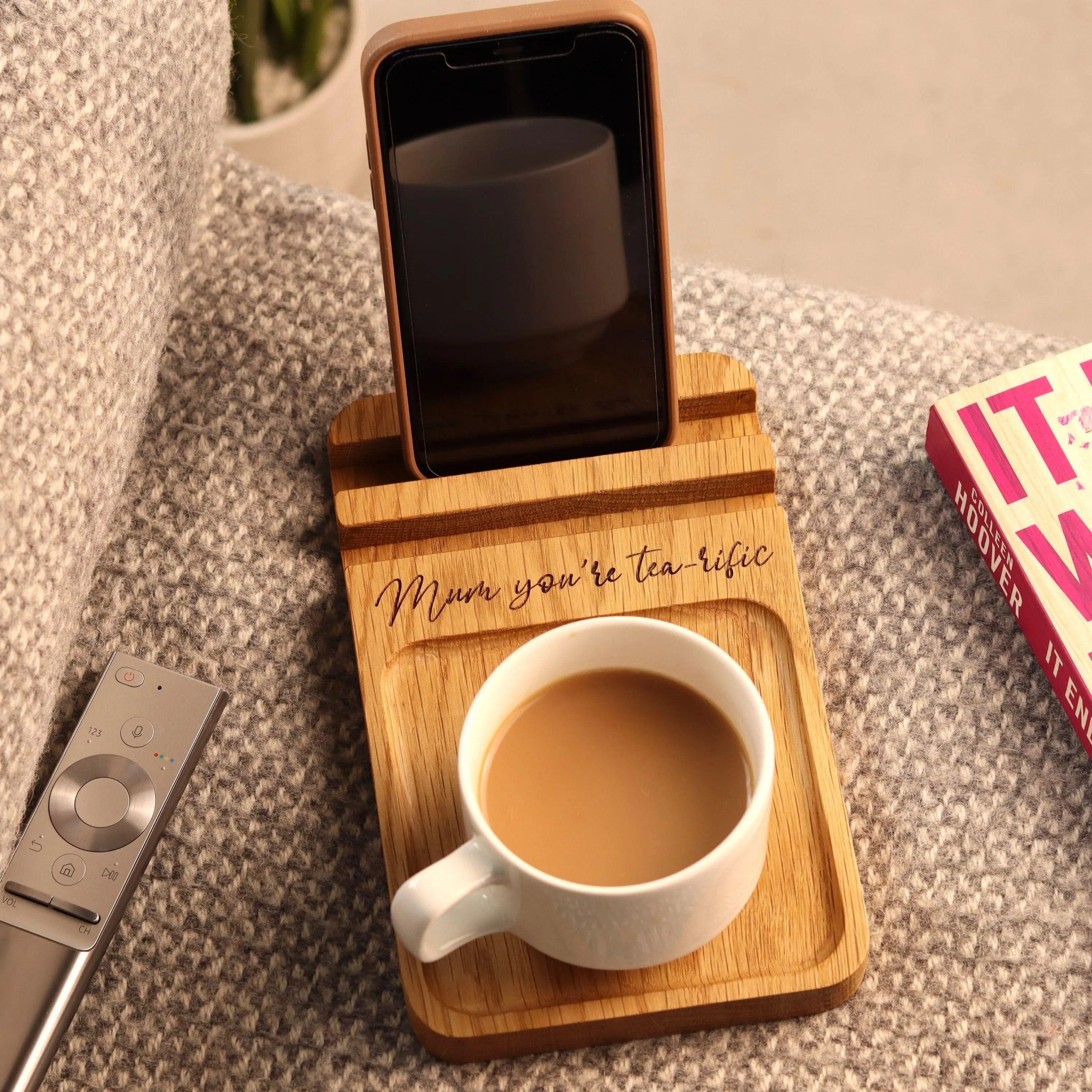 Sofa Coaster Tray and Phone Stand in Solid Oak