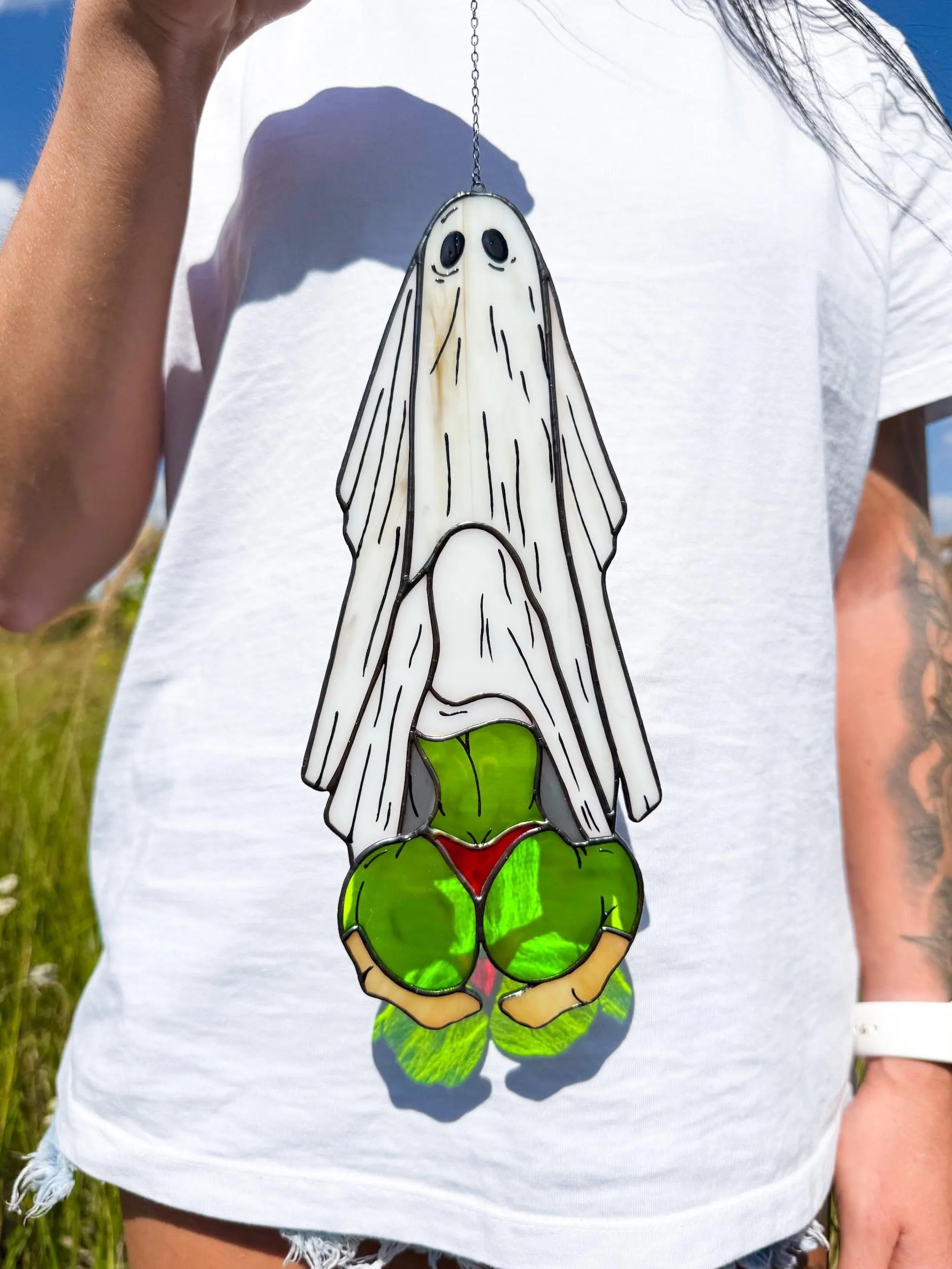 Funny Ghost Stained Glass. Handmade Halloween Decor for Spooky Season. Hilarious Ghost Suncatcher for Witchy Homes & Unusual Window Art Fans