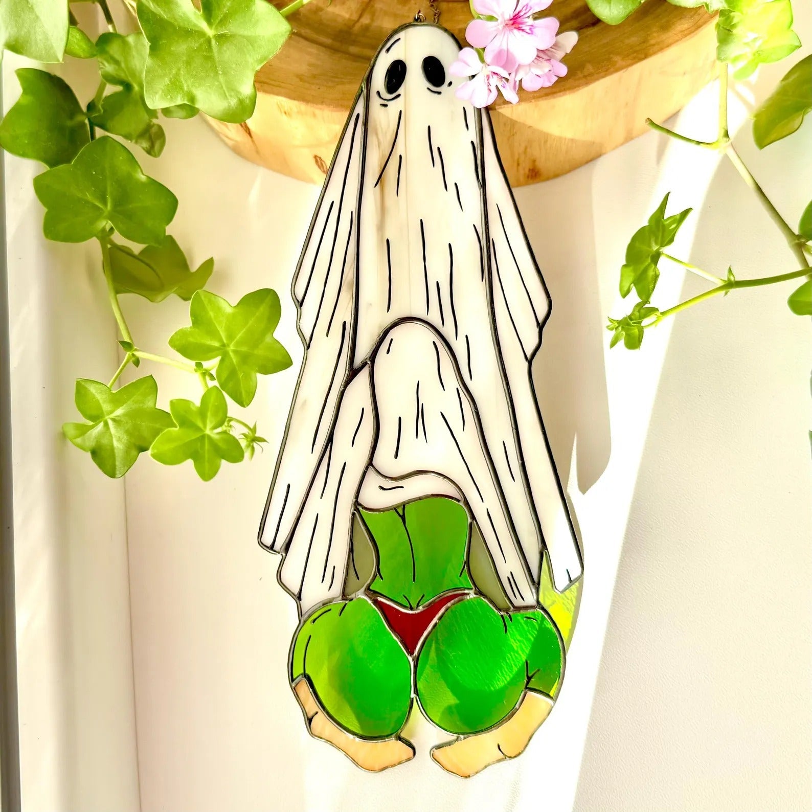 Funny Ghost Stained Glass. Handmade Halloween Decor for Spooky Season. Hilarious Ghost Suncatcher for Witchy Homes & Unusual Window Art Fans