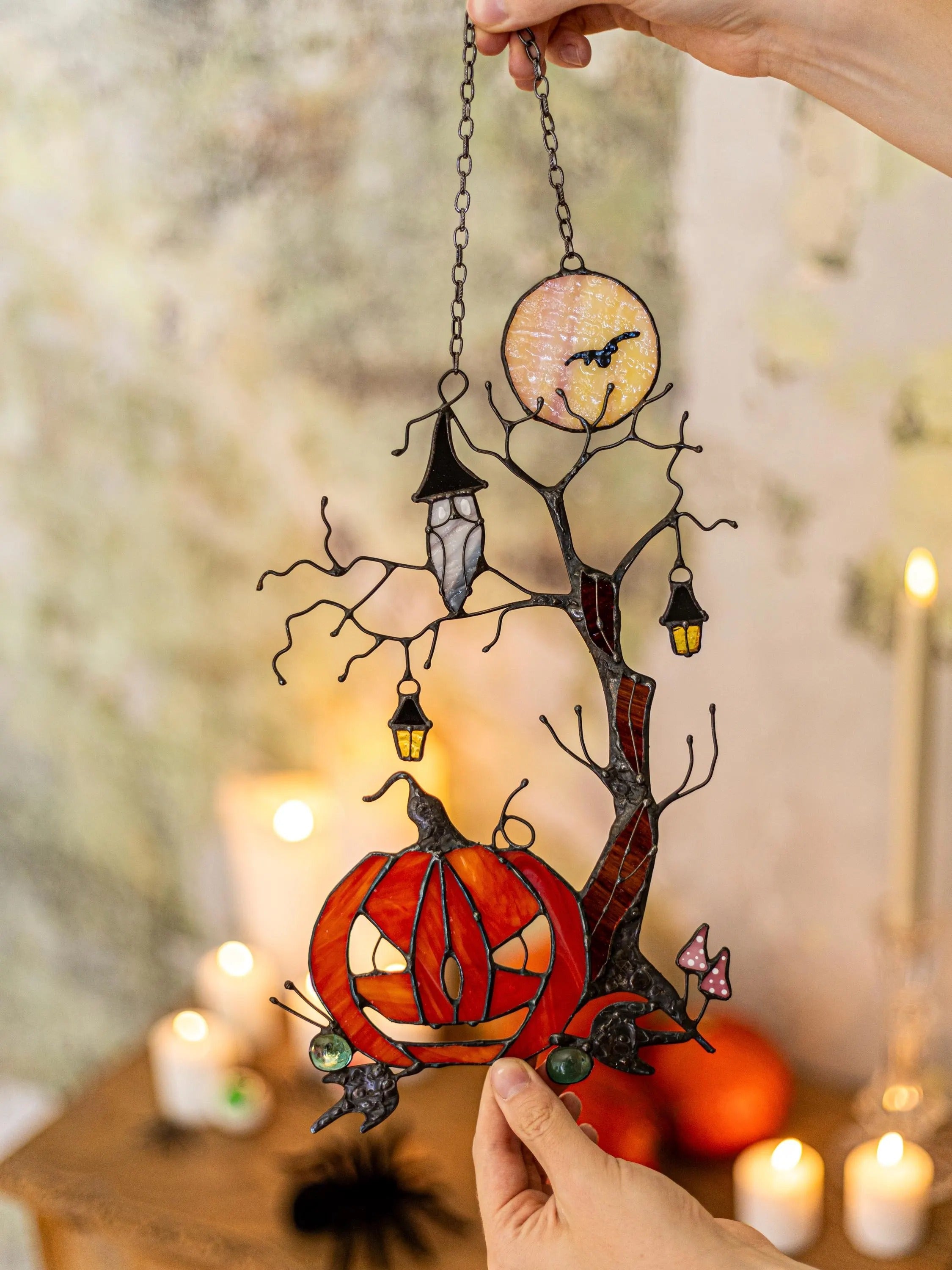 Pumpkin Mystical Tree Stained Glass Horror Picture Home Decor Halloween Spooky Owl Window Wall Hanging Witch gift.
