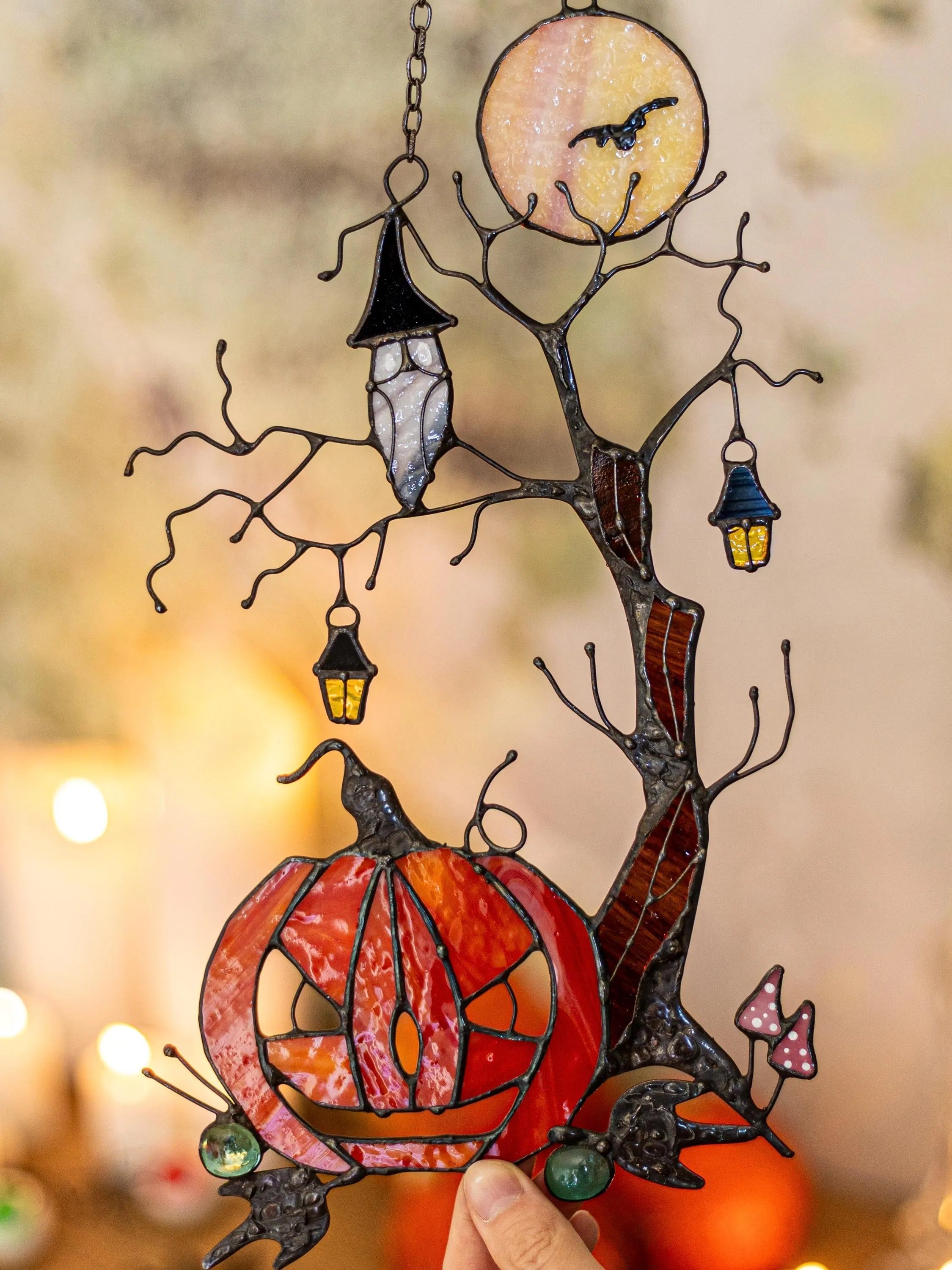 Pumpkin Mystical Tree Stained Glass Horror Picture Home Decor Halloween Spooky Owl Window Wall Hanging Witch gift.