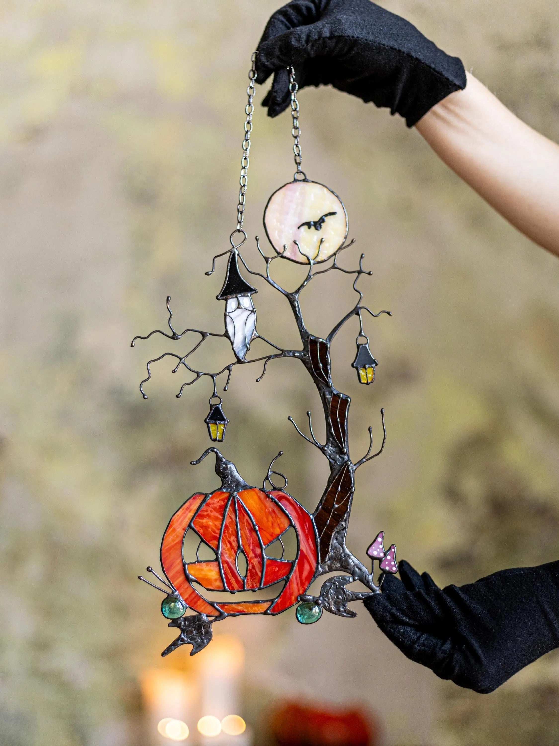 Pumpkin Mystical Tree Stained Glass Horror Picture Home Decor Halloween Spooky Owl Window Wall Hanging Witch gift.