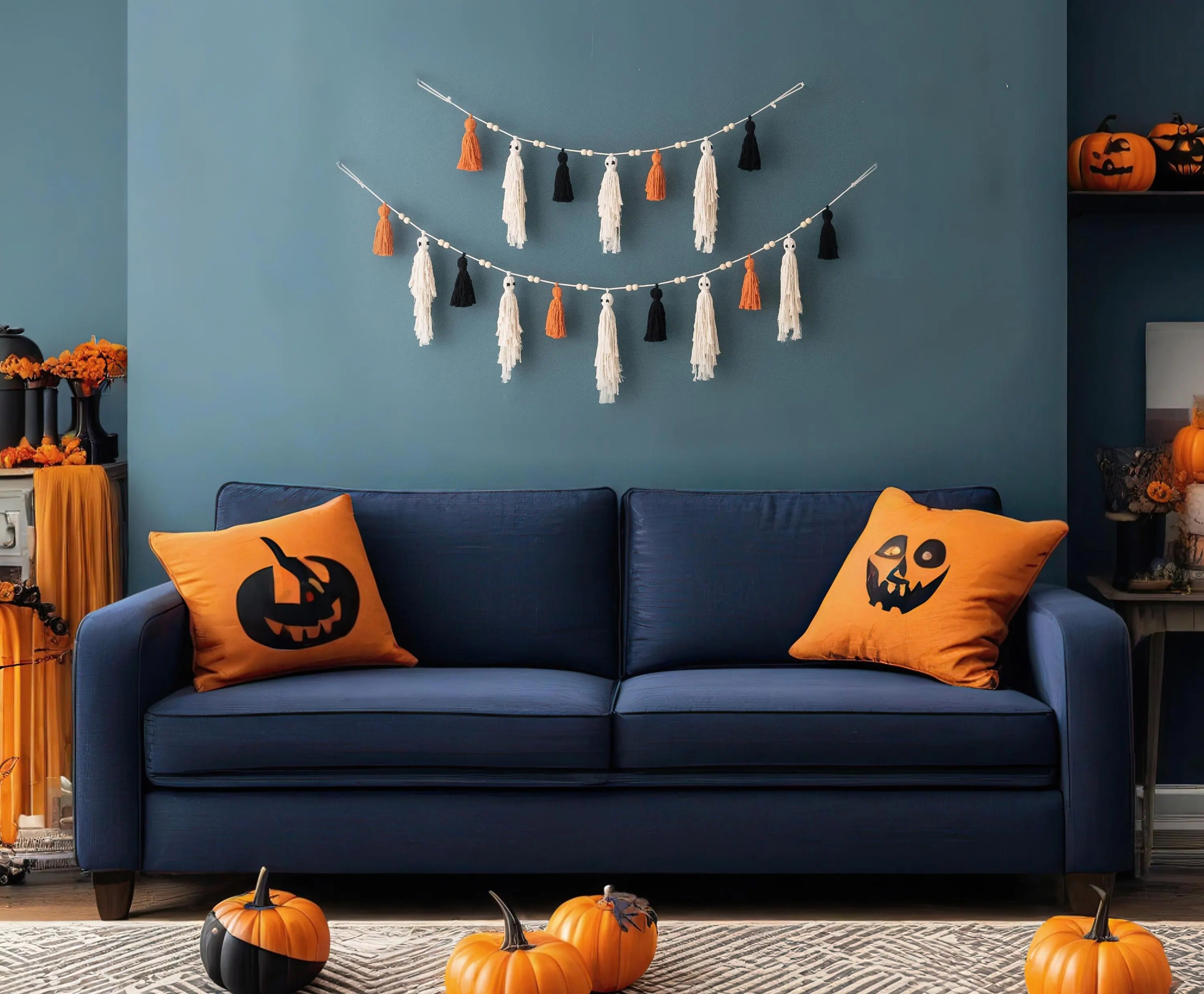 Party-Ready Halloween Ghost Garland – Boho Macrame Wall Banner V75