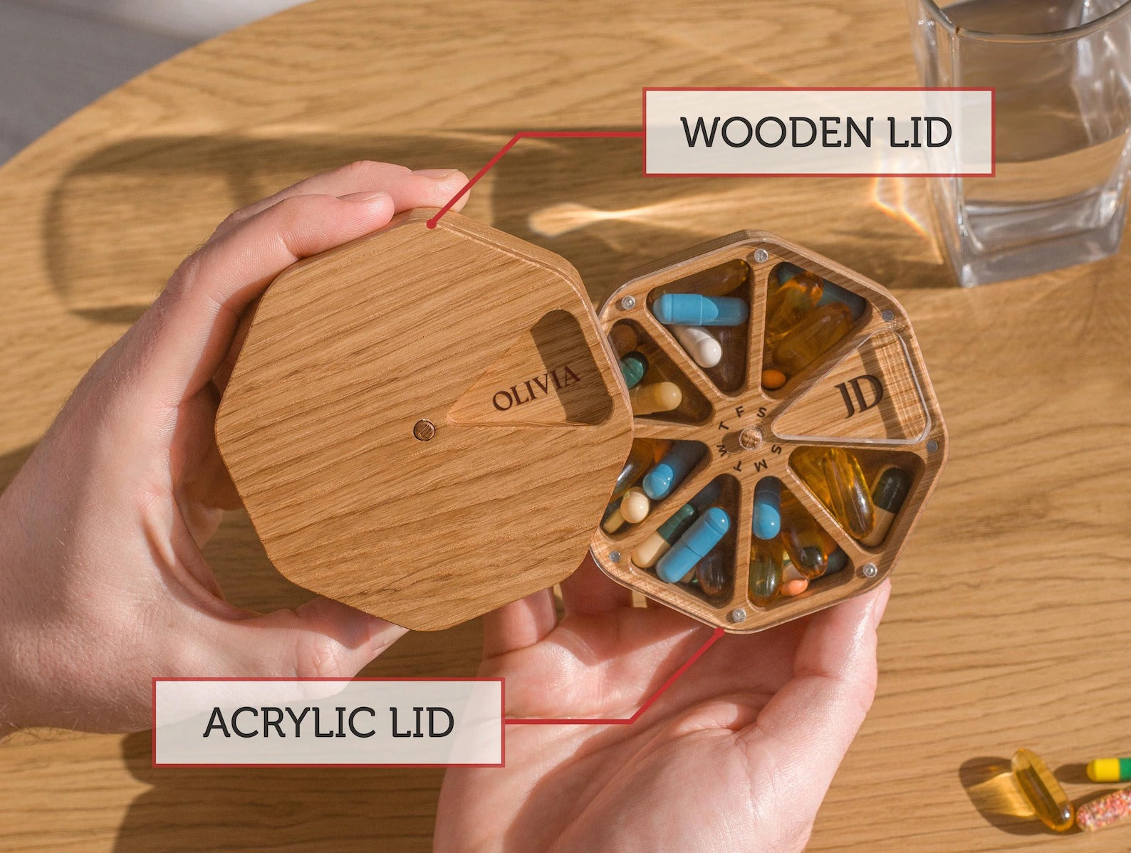 Wooden Daily Pill Box 7-Day, Pill Organizer, Weekly Pill Case,  Engraved Pill Container Storage