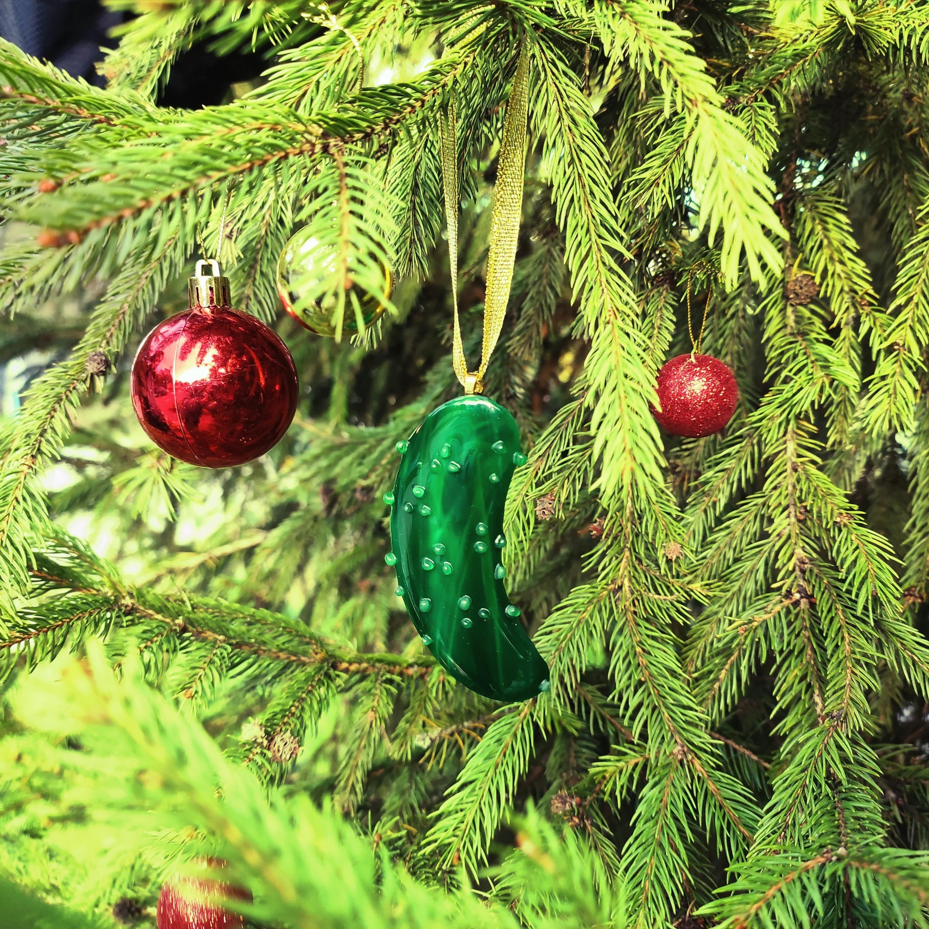 Glass Christmas Pickle Ornament. Fun Christmas Gift for Tree Decor. Unique Holiday Tradition Keepsake. Handmade Glass Pickle for Xmas Tree