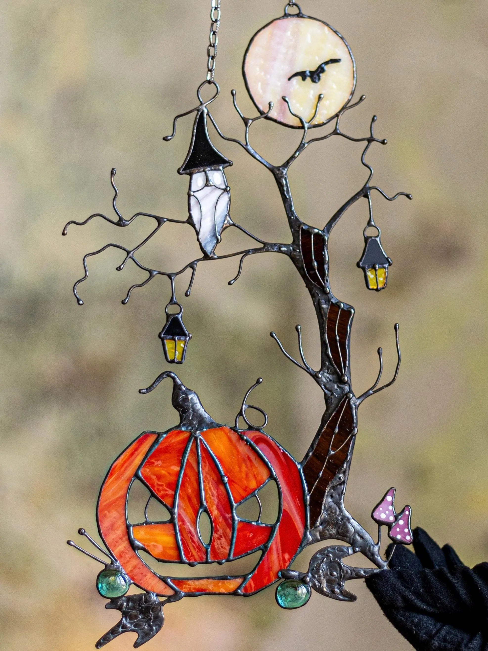 Pumpkin Mystical Tree Stained Glass Horror Picture Home Decor Halloween Spooky Owl Window Wall Hanging Witch gift.