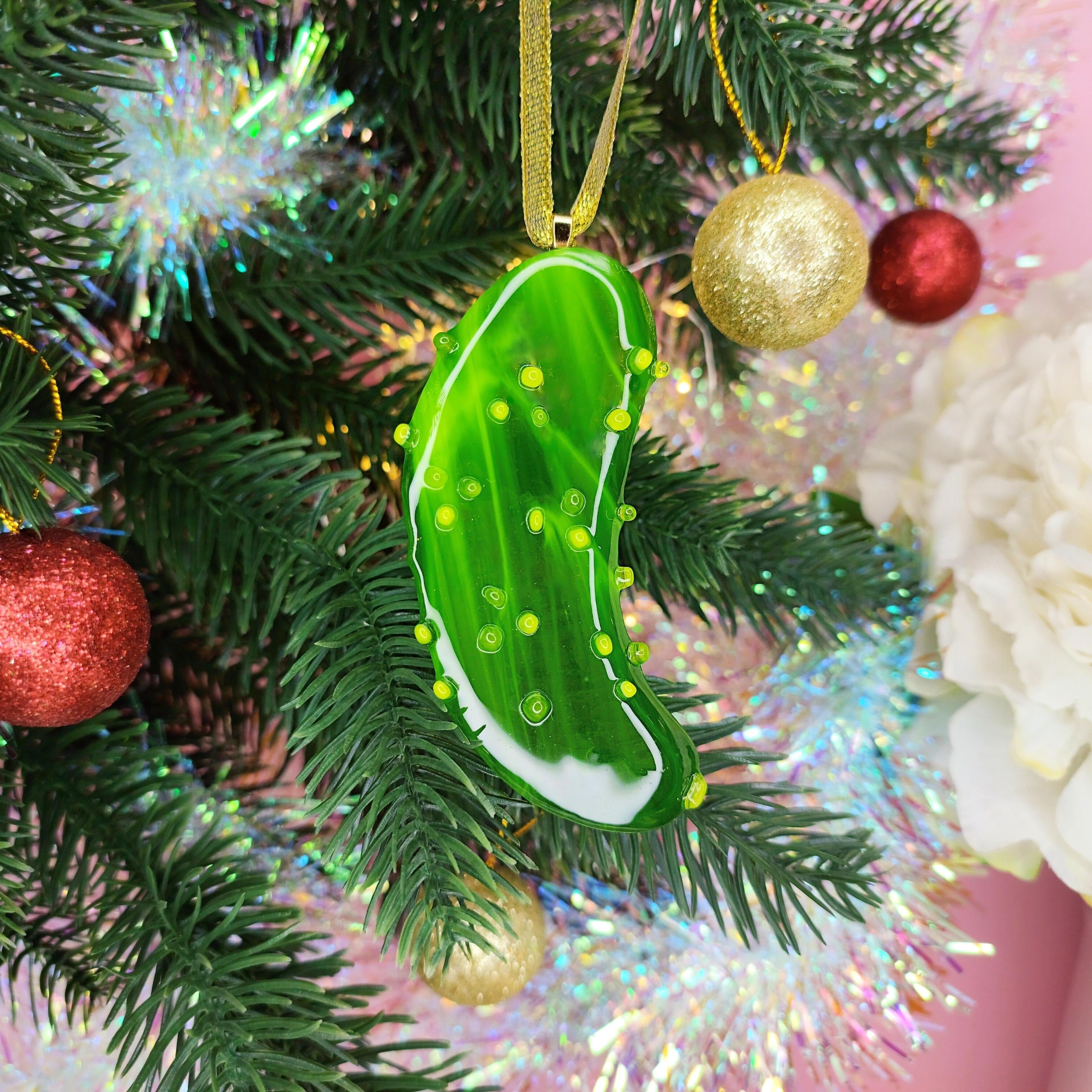 Glass Christmas Pickle Ornament. Fun Christmas Gift for Tree Decor. Unique Holiday Tradition Keepsake. Handmade Glass Pickle for Xmas Tree