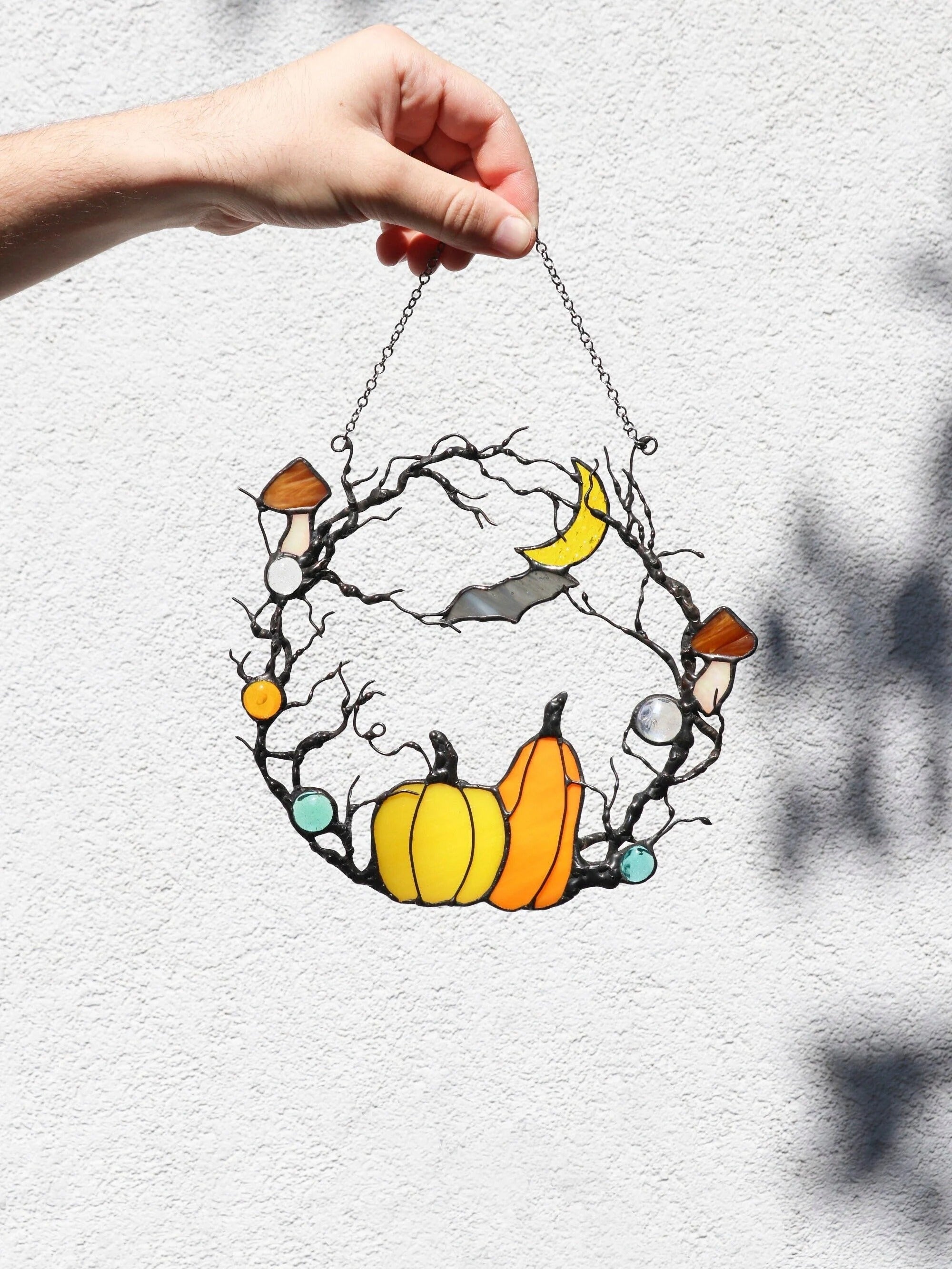 Stained Glass Halloween Wreath: Pumpkin, Moon, Bat Suncatcher