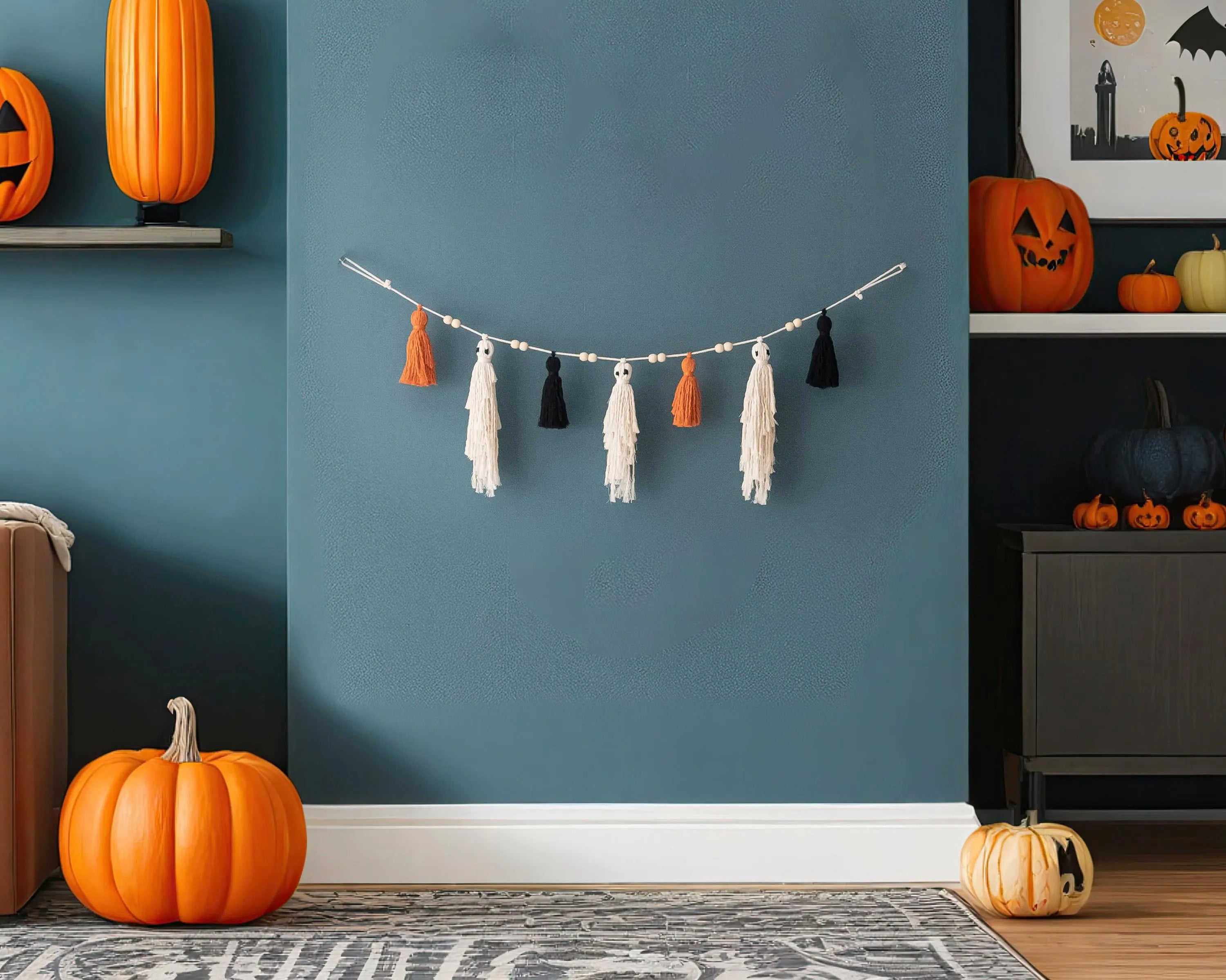 Party-Ready Halloween Ghost Garland – Boho Macrame Wall Banner V75