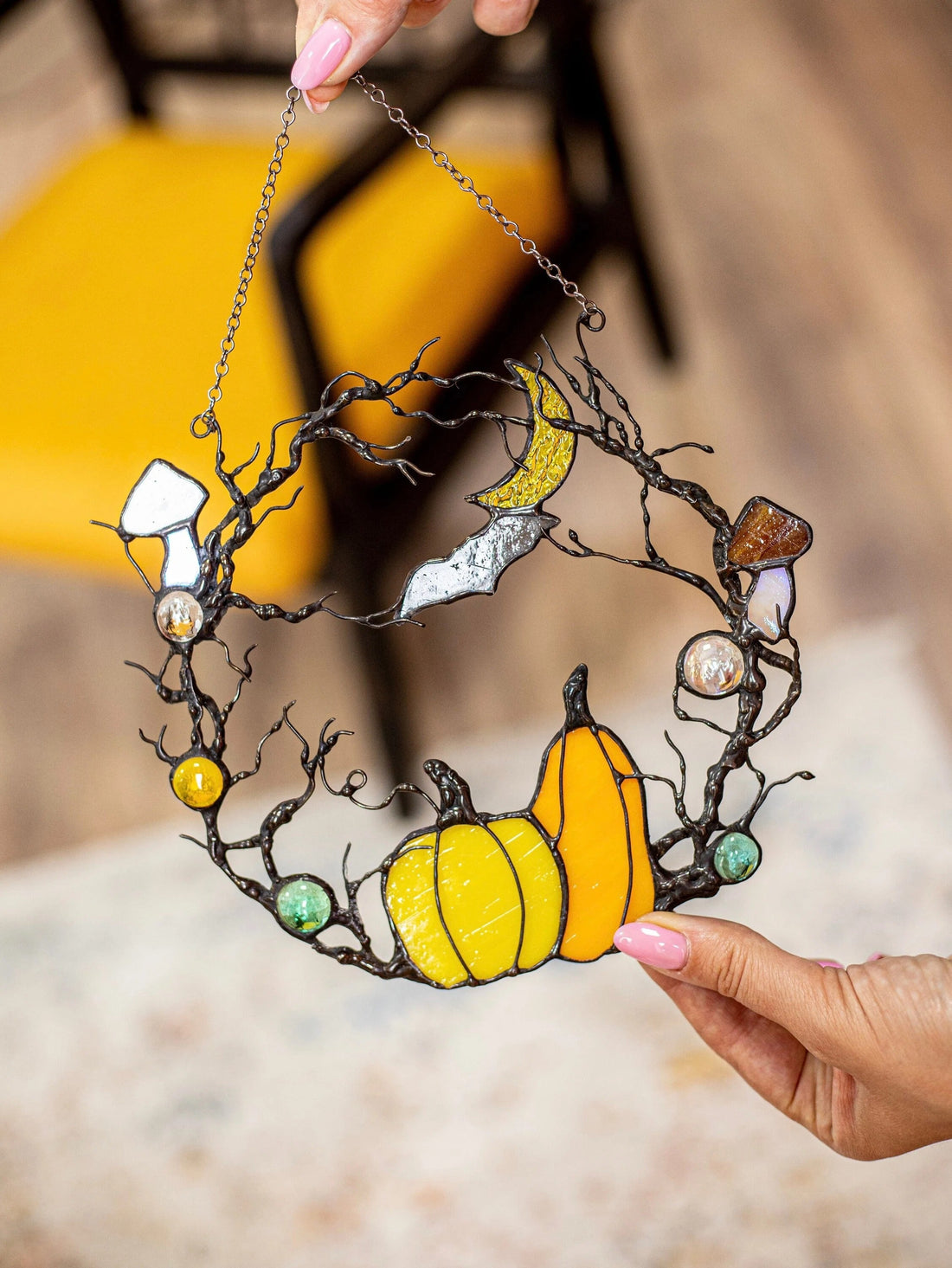 Stained Glass Halloween Wreath: Pumpkin, Moon, Bat Suncatcher