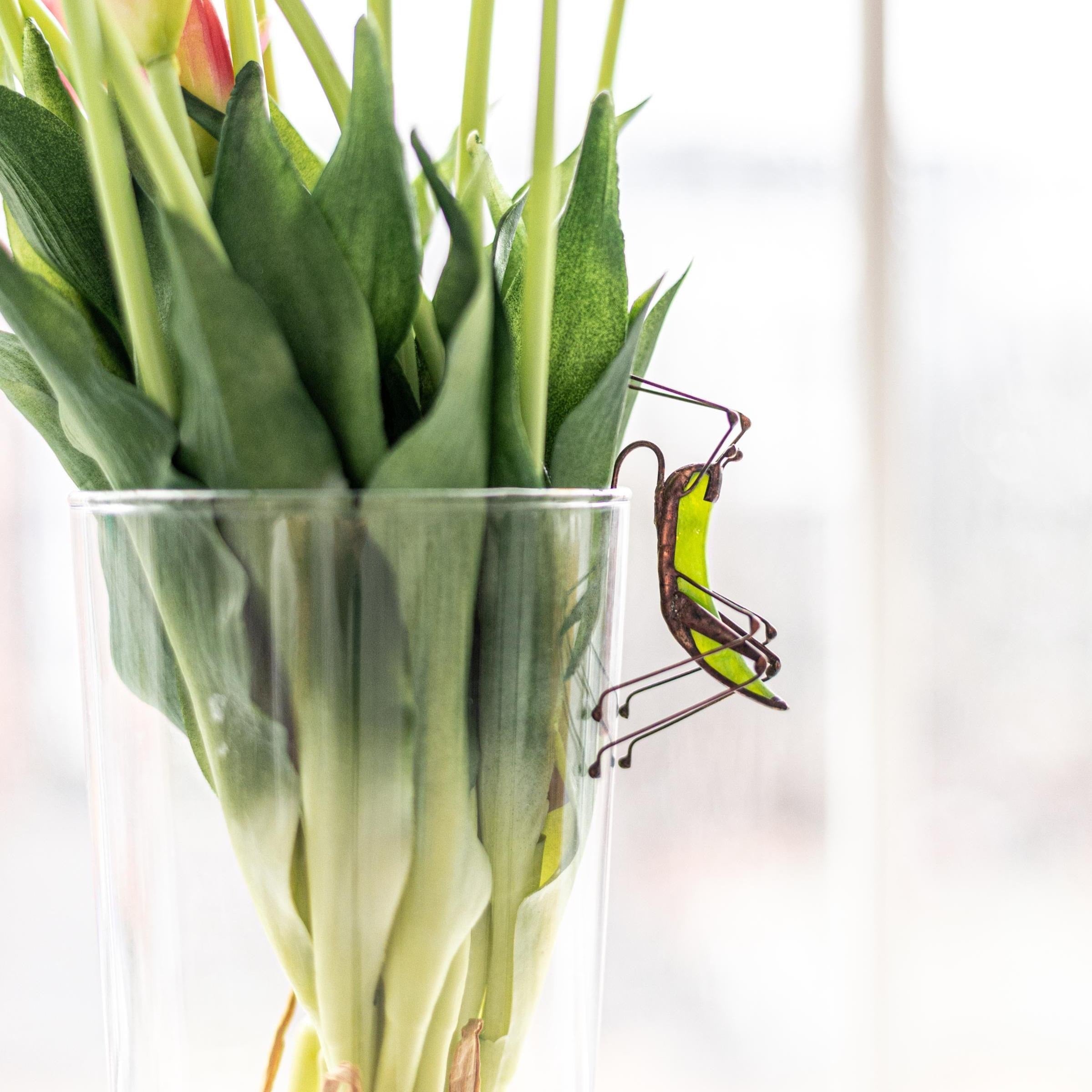 Grasshopper Stained Glass Planter, Unique Housewarming Anniversary Gift for Mom from Daughter, Garden Stake Home Decoration, Bug Planter