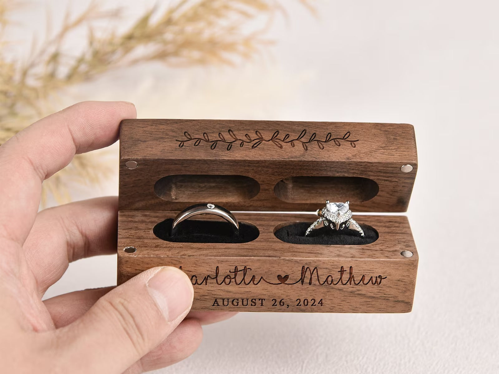 Custom Wooden Wedding Ceremony Ring Box,Personalized Engraved Engagement Ring Box,Slim Ring Bearer Box,Anniversary,Proposal Ring Box Holder