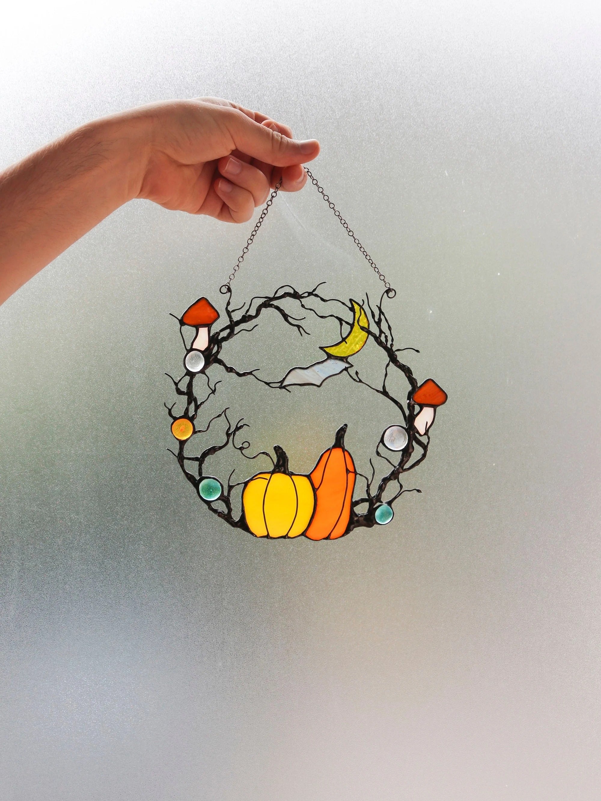 Stained Glass Halloween Wreath: Pumpkin, Moon, Bat Suncatcher