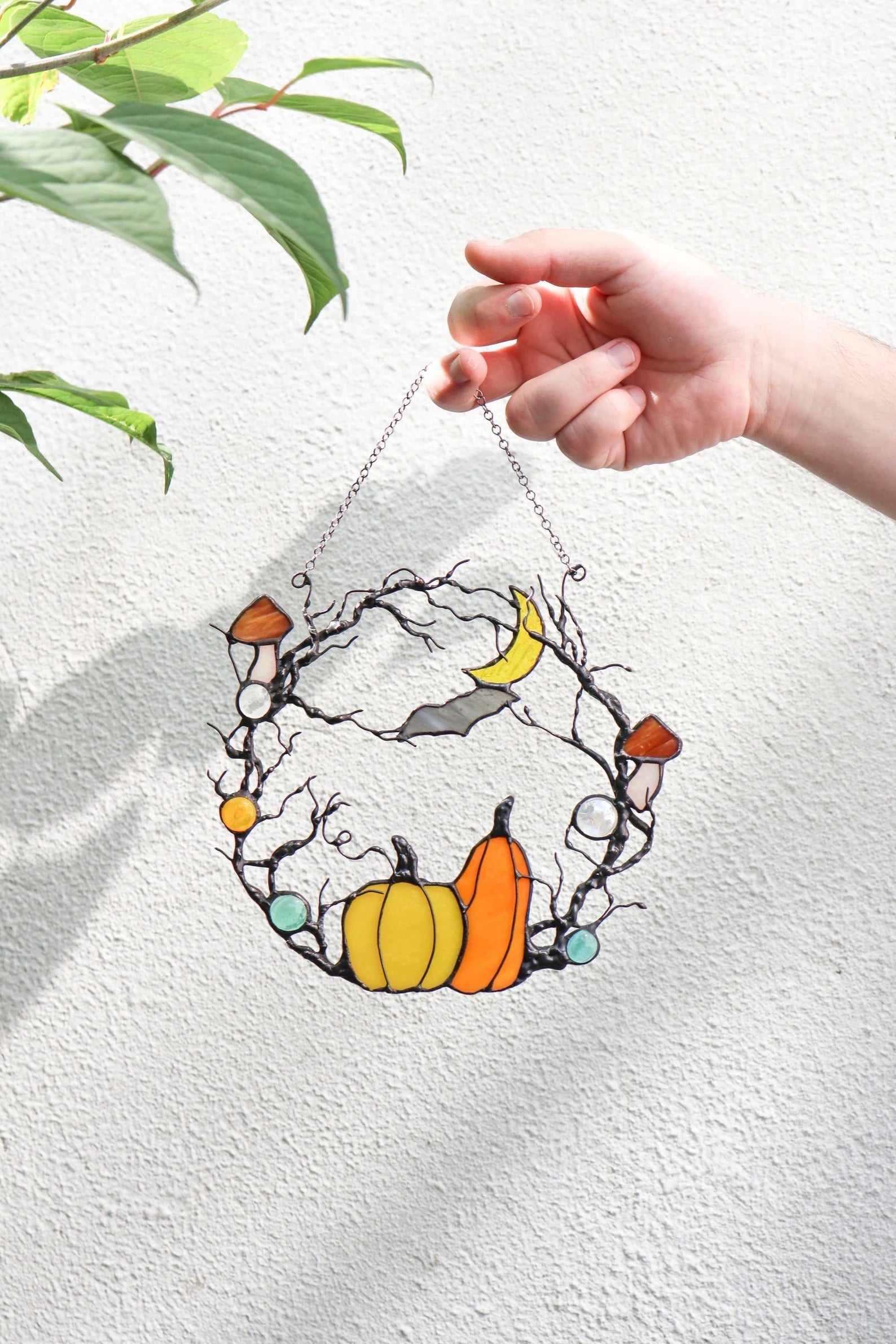 Stained Glass Halloween Wreath: Pumpkin, Moon, Bat Suncatcher