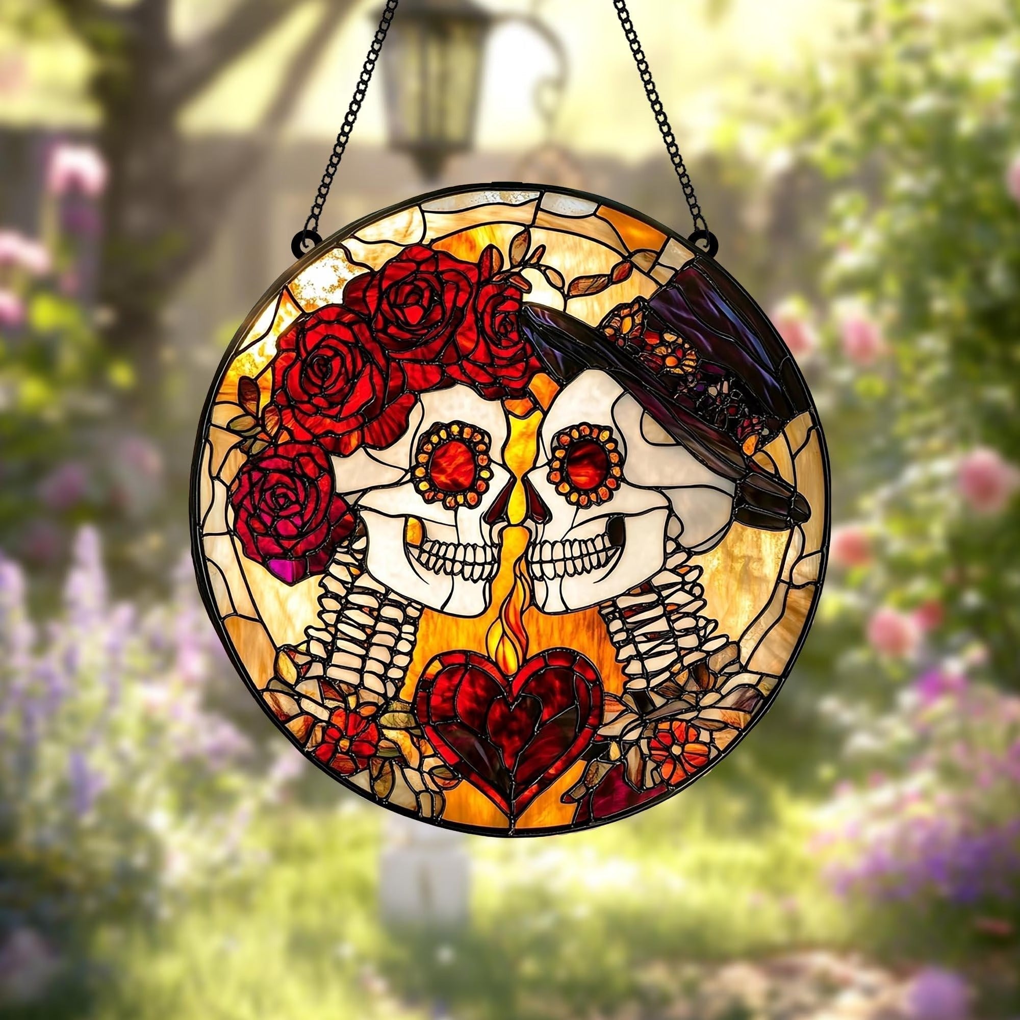 Custom Skeleton Couple Faux Stained Glass Suncatcher, Gothic Wedding Decor, Halloween Anniversary Gift for Spooky Couples, Wedding Gift