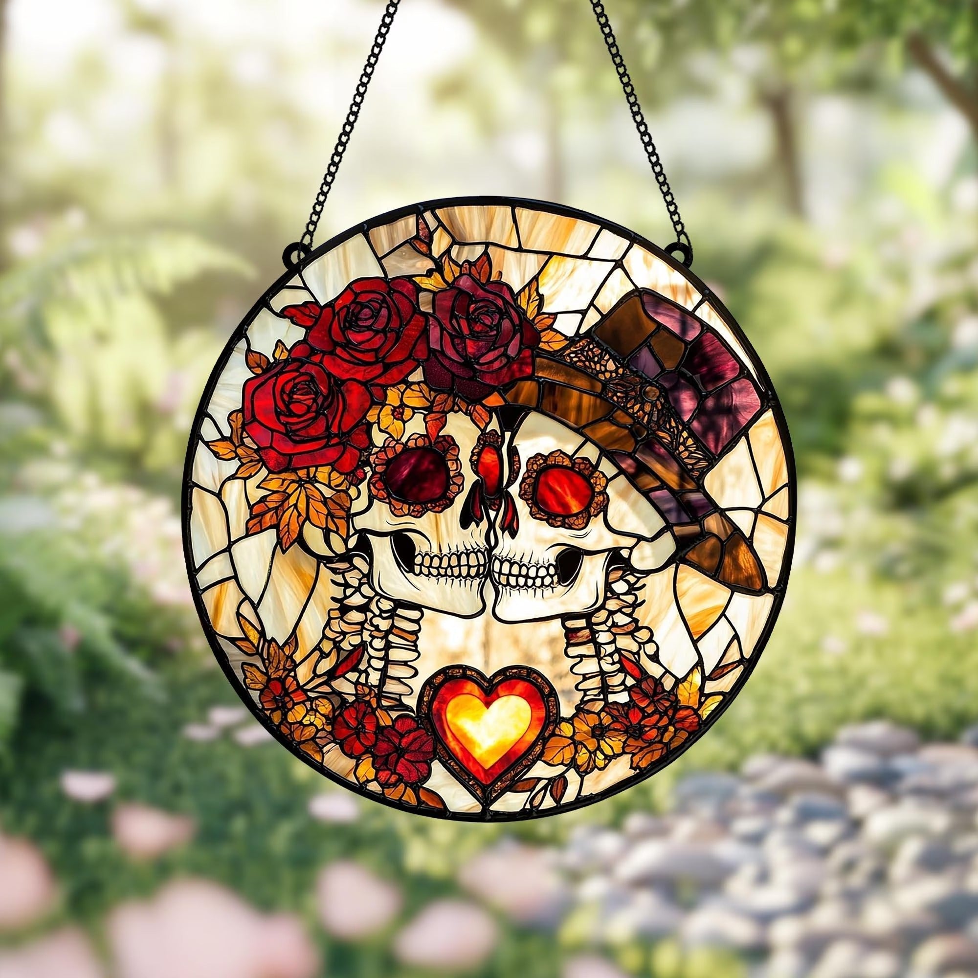 Custom Skeleton Couple Faux Stained Glass Suncatcher, Gothic Wedding Decor, Halloween Anniversary Gift for Spooky Couples, Wedding Gift