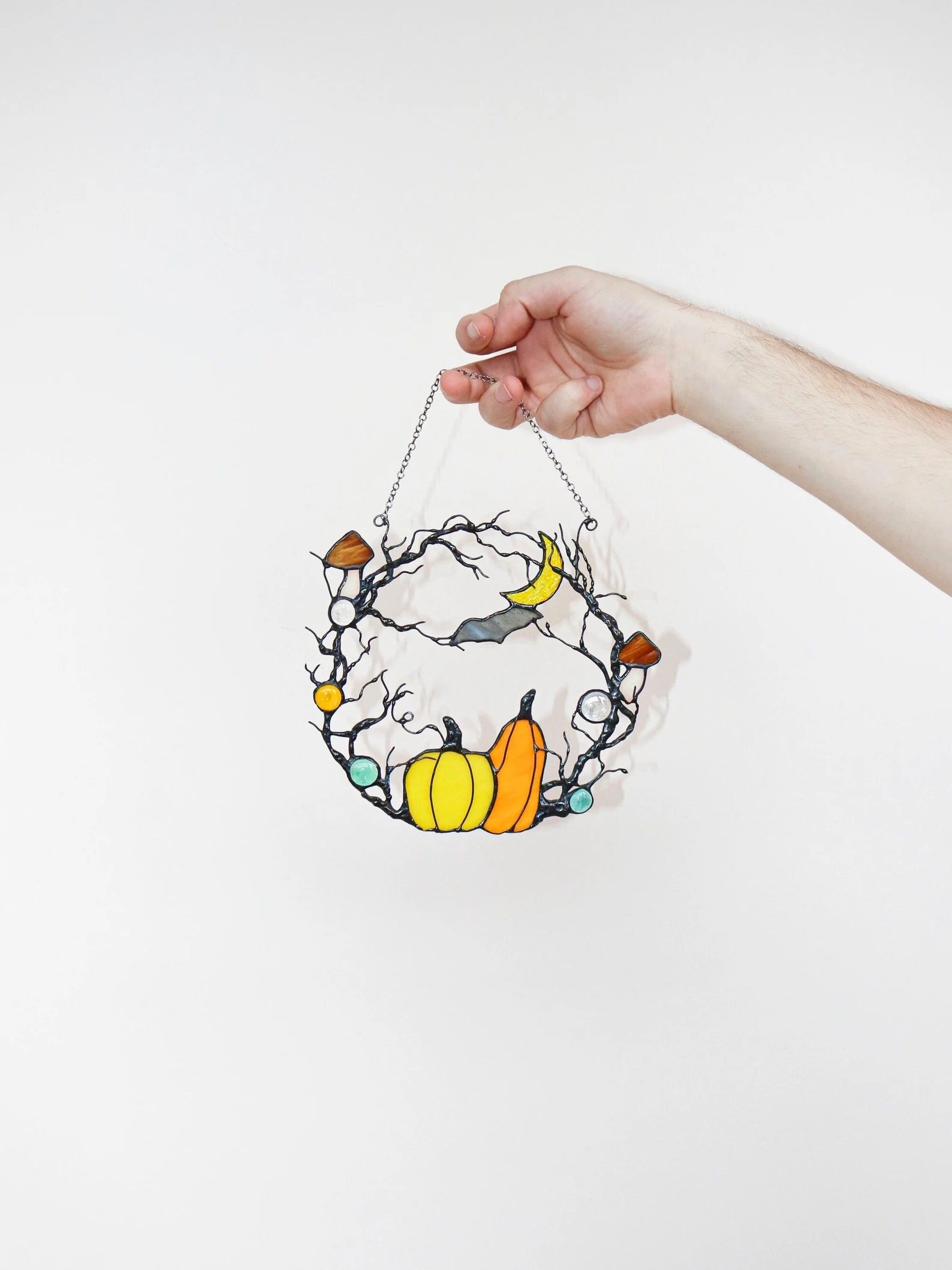 Stained Glass Halloween Wreath: Pumpkin, Moon, Bat Suncatcher
