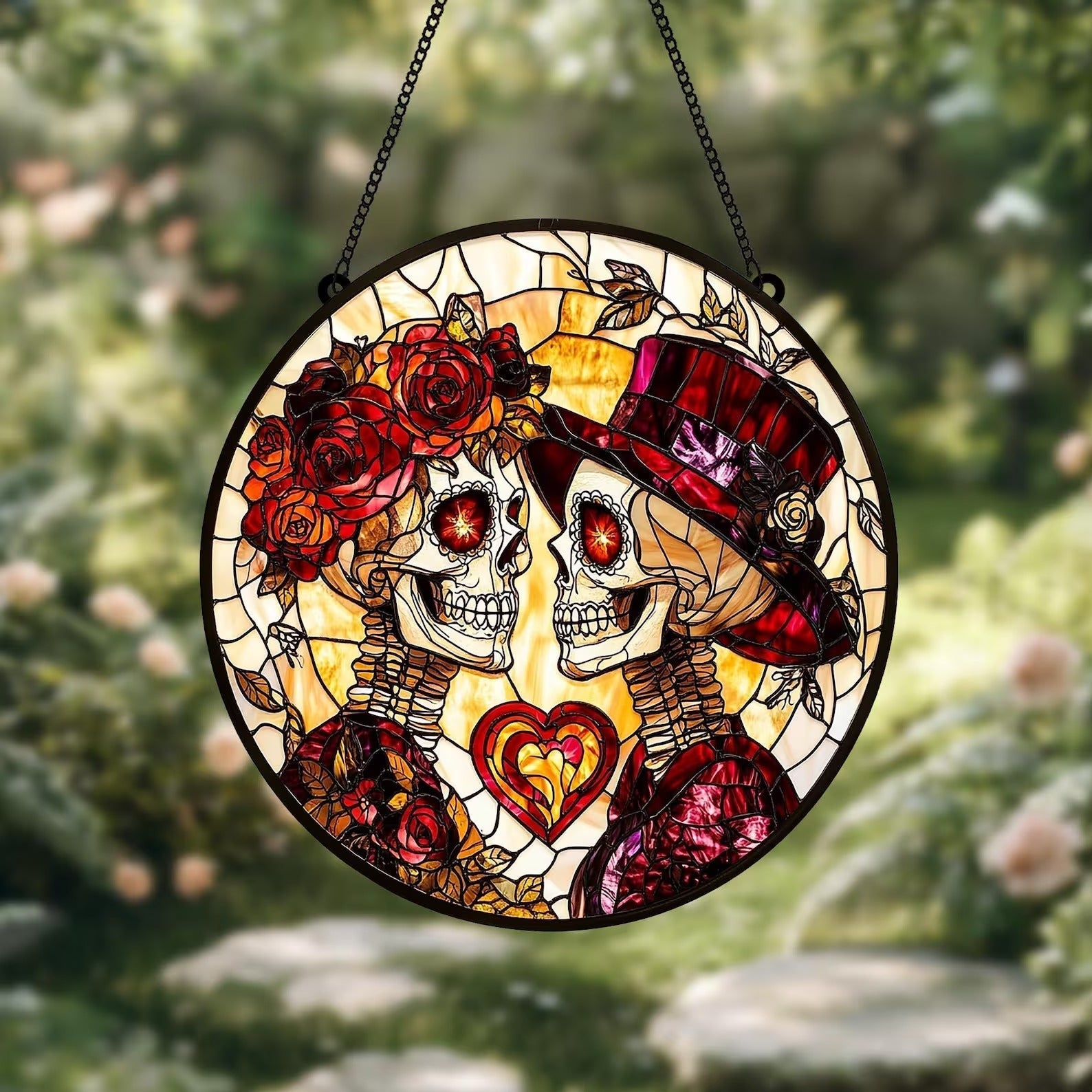 Custom Skeleton Couple Faux Stained Glass Suncatcher, Gothic Wedding Decor, Halloween Anniversary Gift for Spooky Couples, Wedding Gift