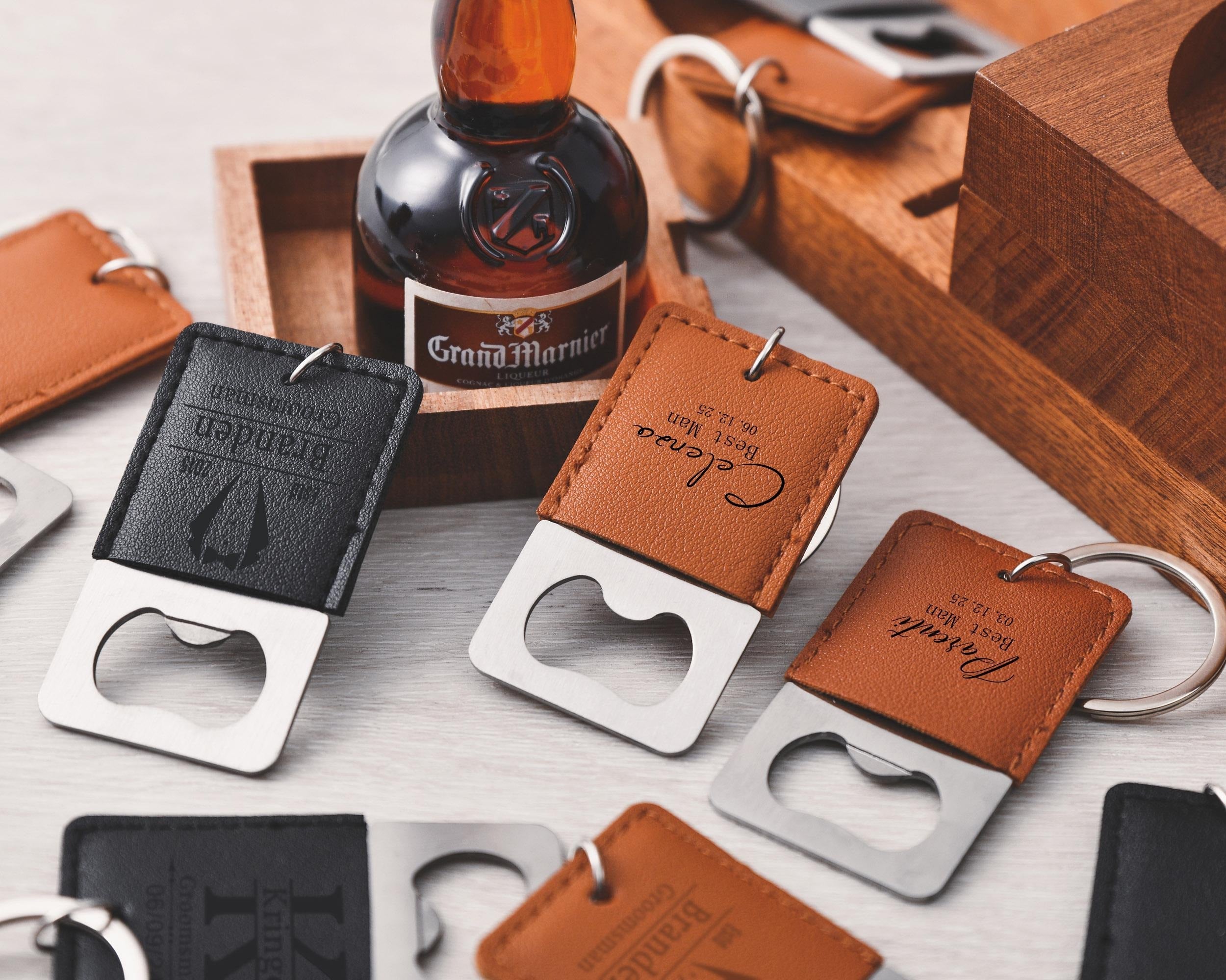 Personalized leather keychain bottle opener, customizable groomsmen gift, party favors, high quality leather wine opener best man gifts