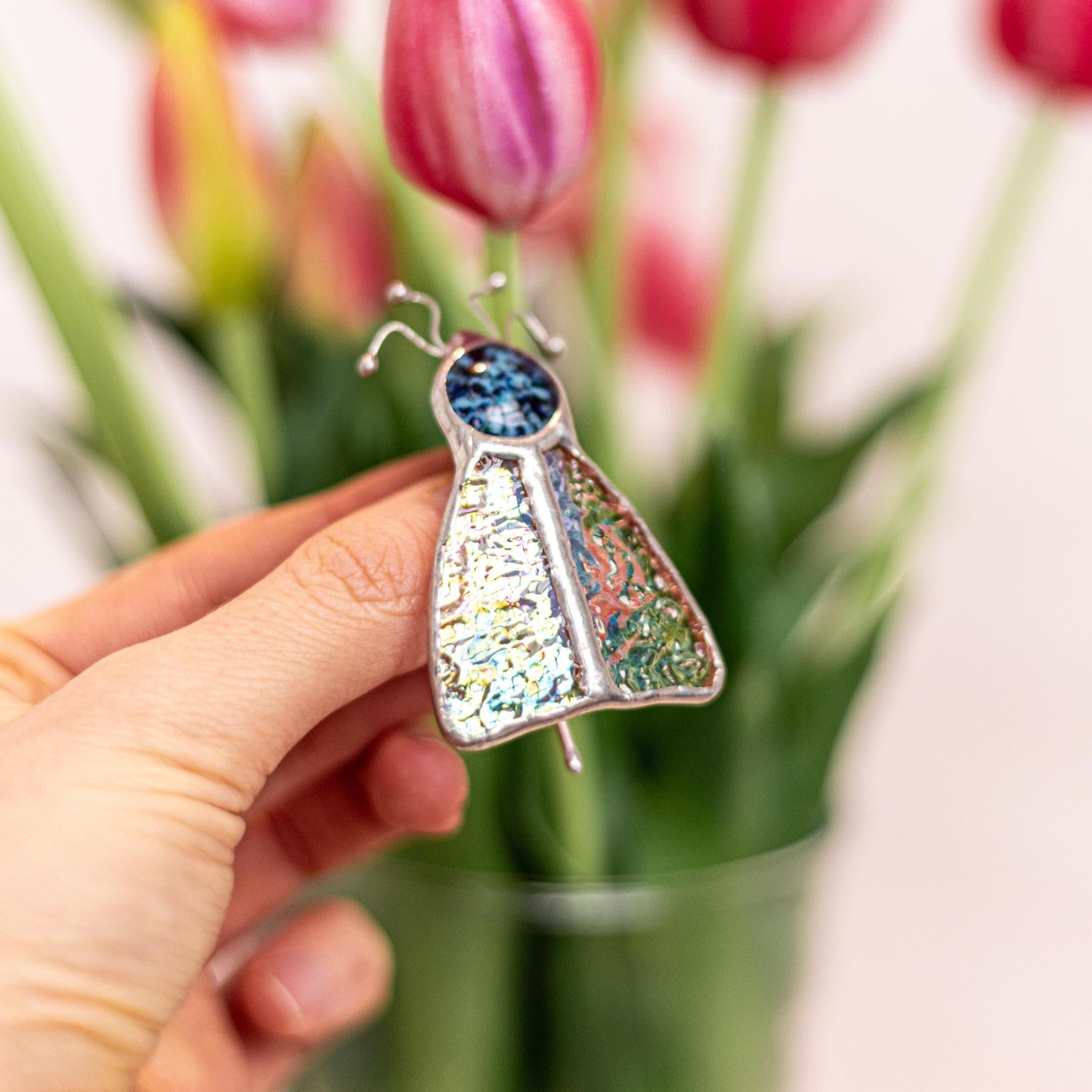 Grasshopper Stained Glass Planter, Unique Housewarming Anniversary Gift for Mom from Daughter, Garden Stake Home Decoration, Bug Planter