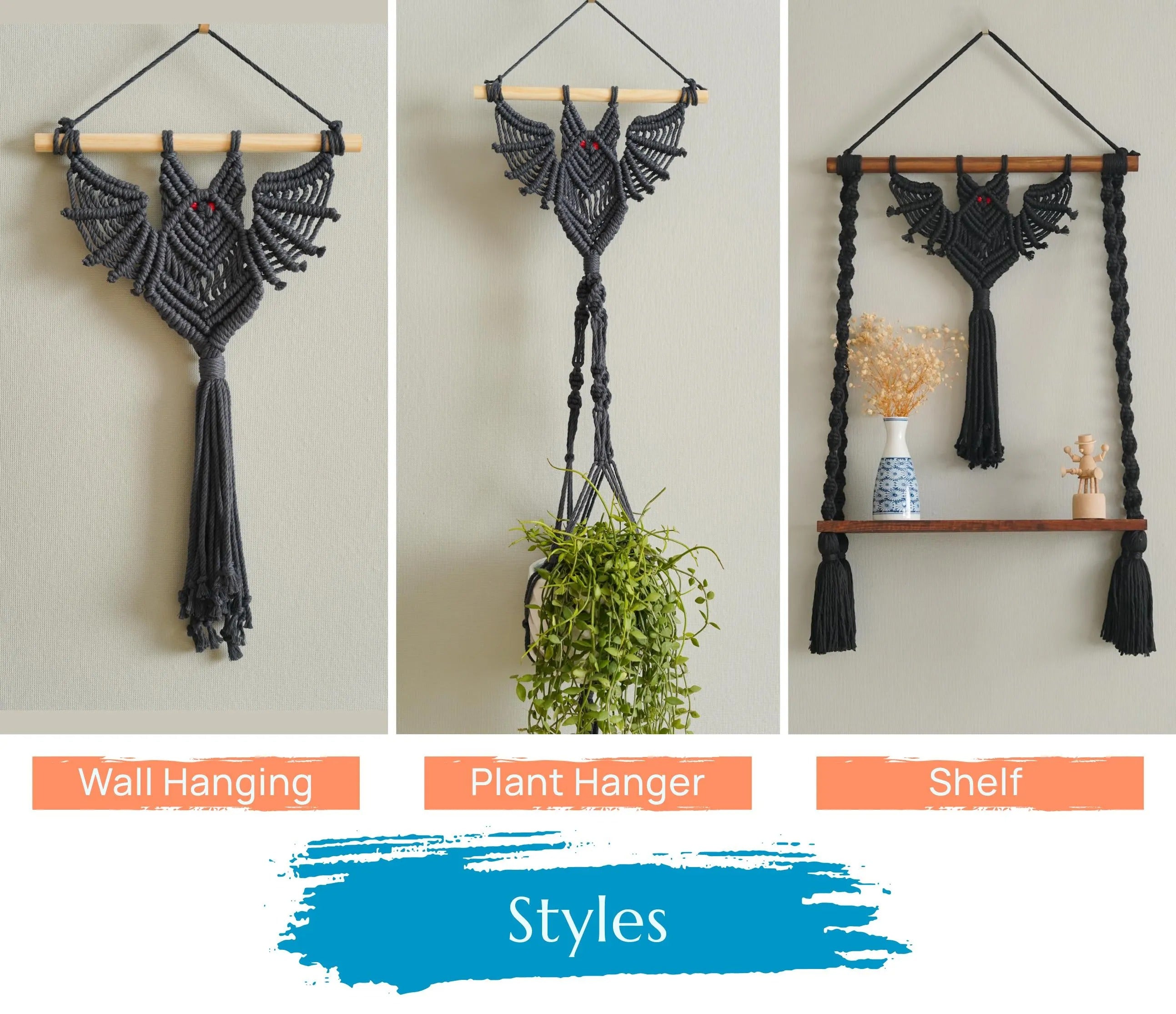 Gothic Bat Decor, Hanging Macrame, Witchy Room Decor, Modern Halloween, Dark Wall Art, Hanging Plant Holder, Bat Decorations W52