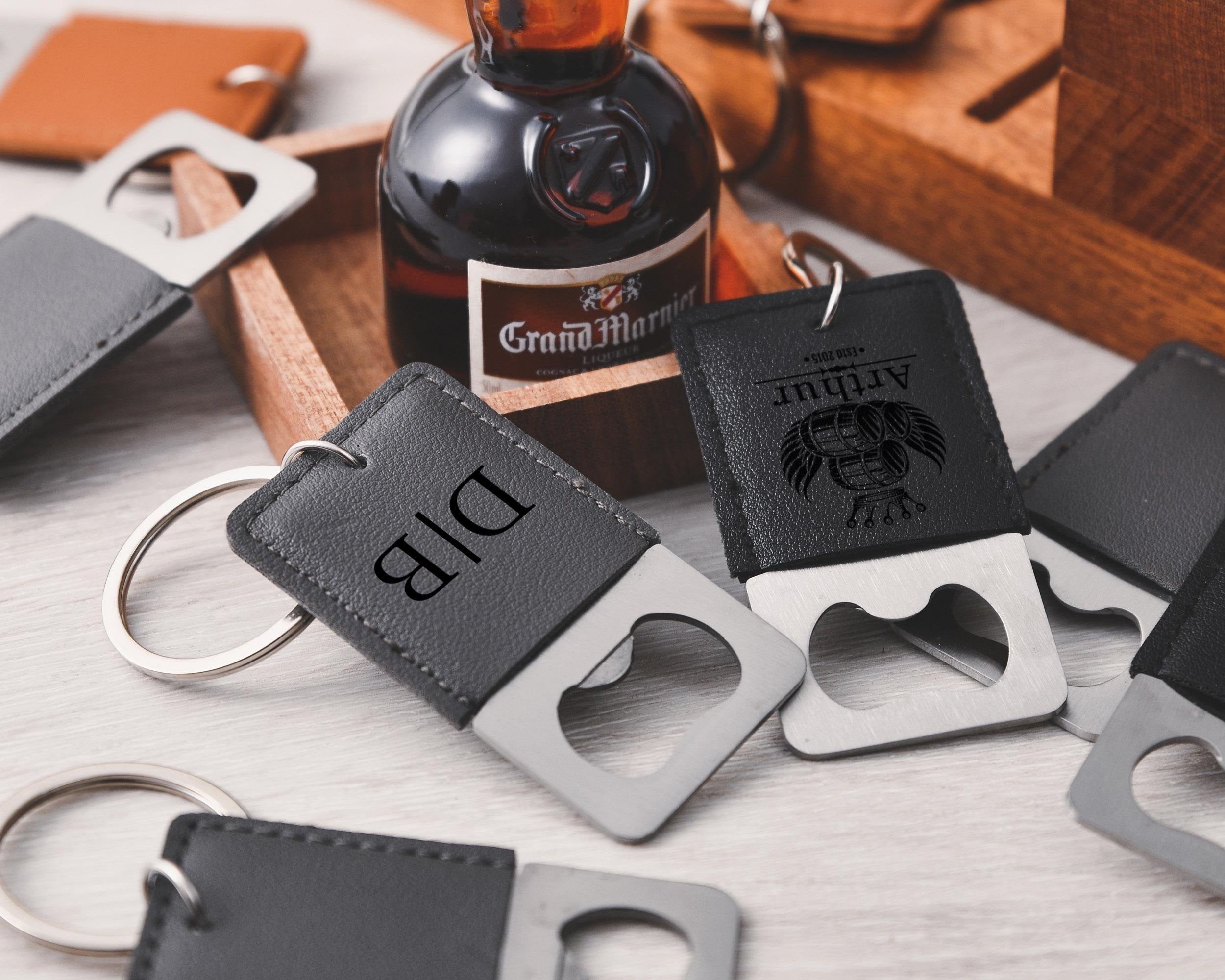 Personalized leather keychain bottle opener, customizable groomsmen gift, party favors, high quality leather wine opener best man gifts