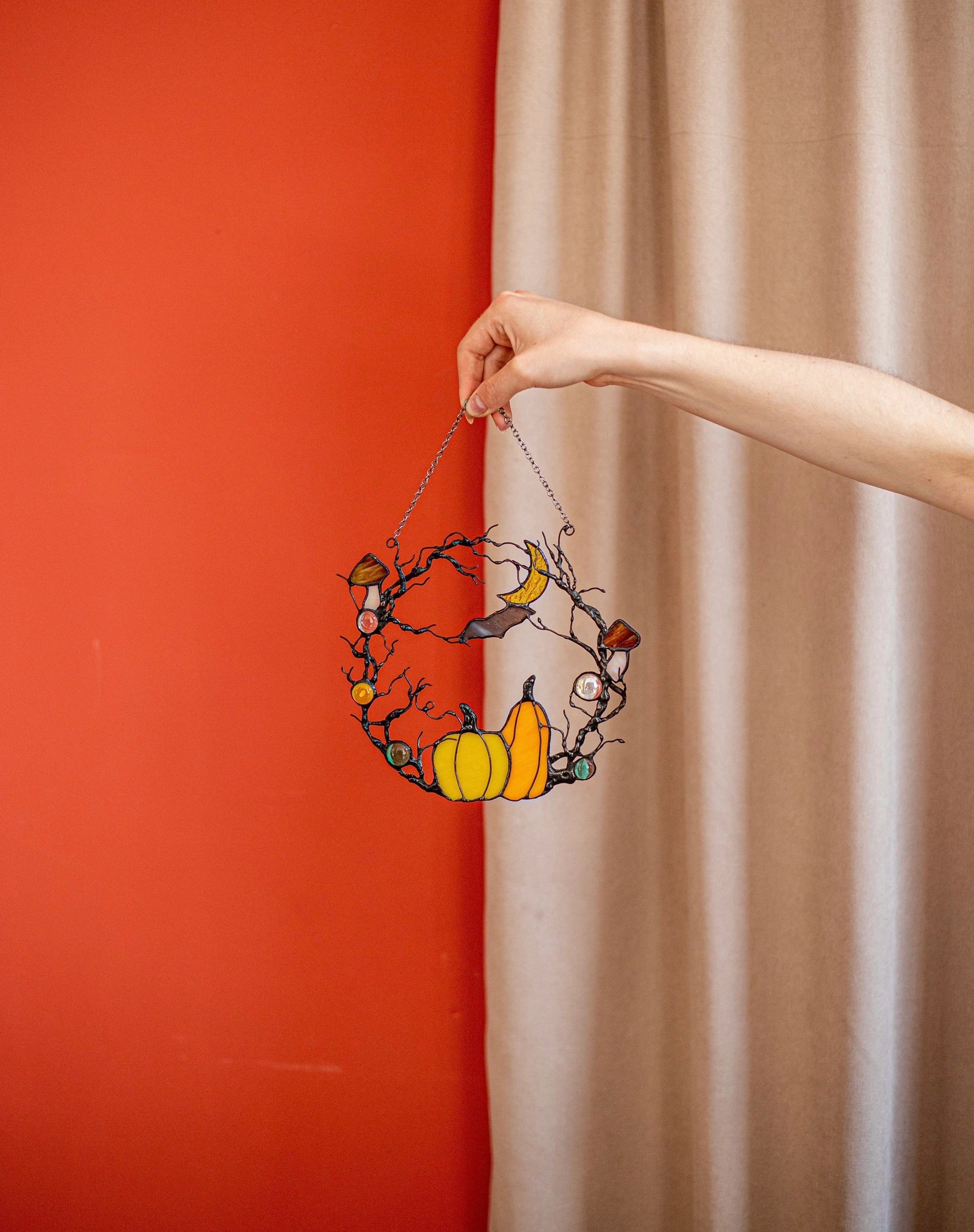 Stained Glass Halloween Wreath: Pumpkin, Moon, Bat Suncatcher