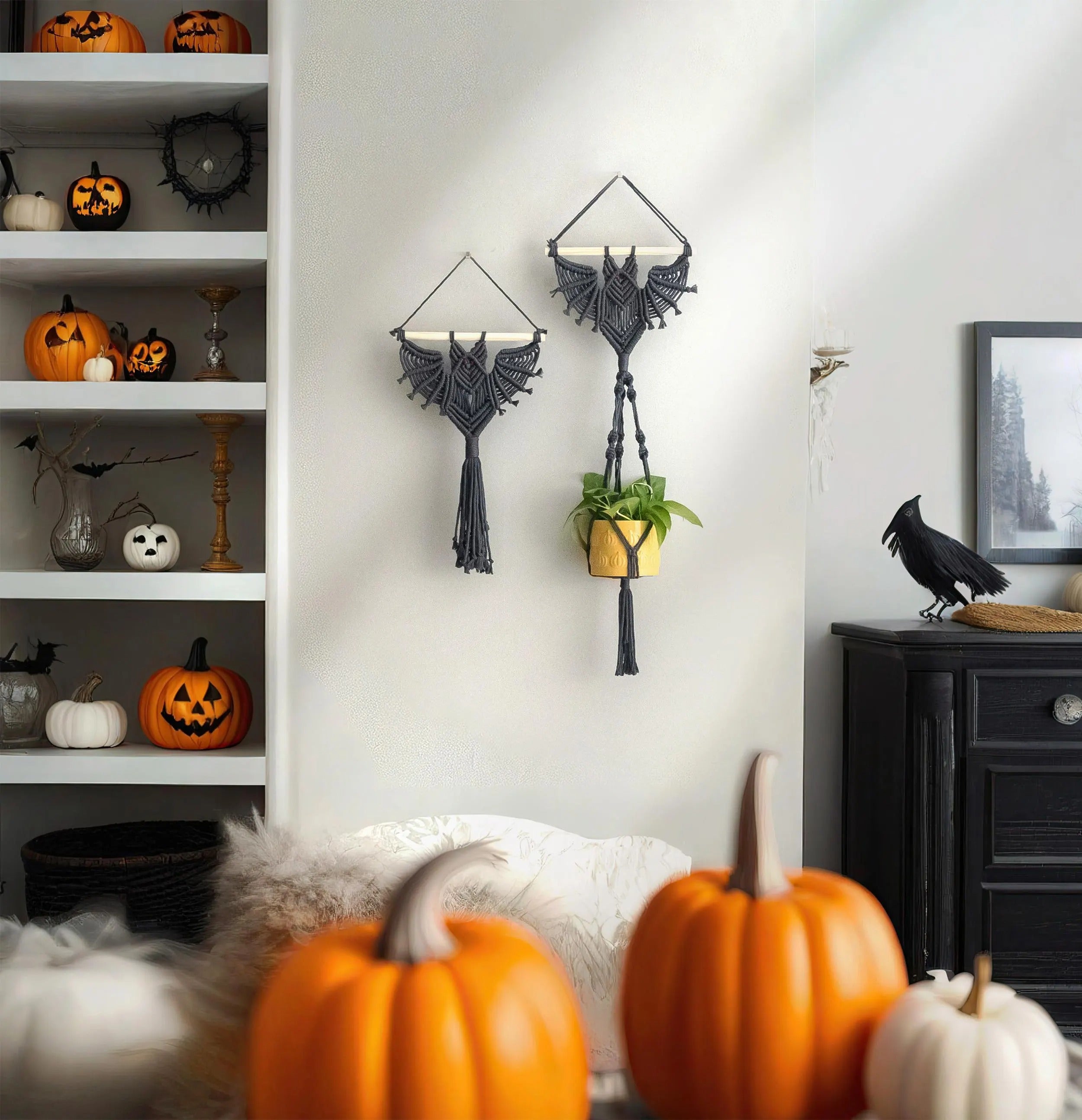 Gothic Bat Decor, Hanging Macrame, Witchy Room Decor, Modern Halloween, Dark Wall Art, Hanging Plant Holder, Bat Decorations W52